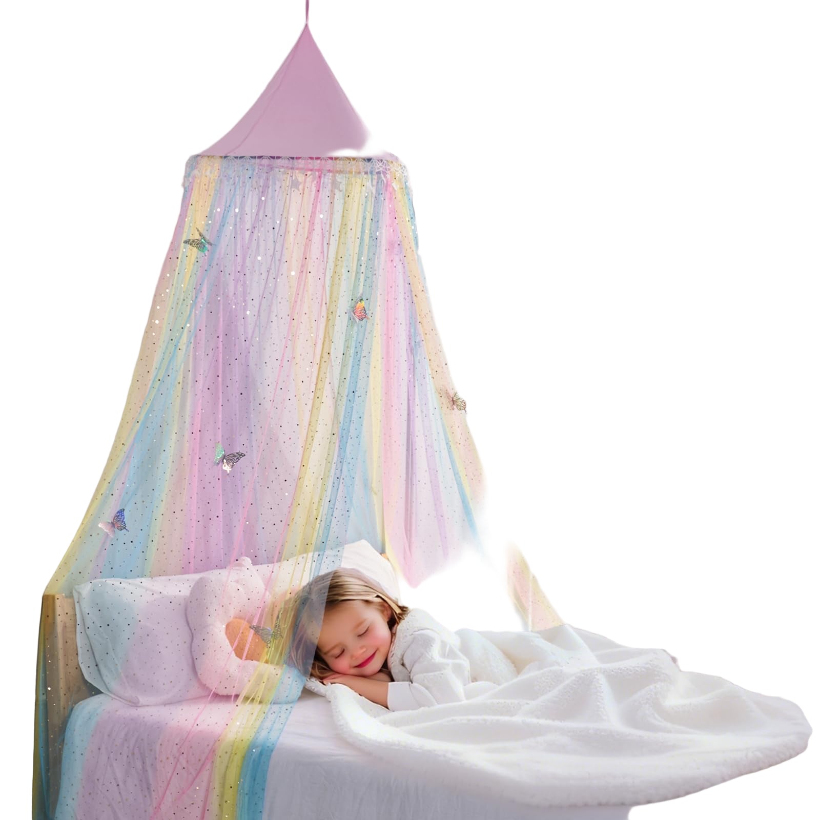 Rainbow Princess Bed Canopy for Girls, Glitter Star and Moon Canopy Bed Curtains