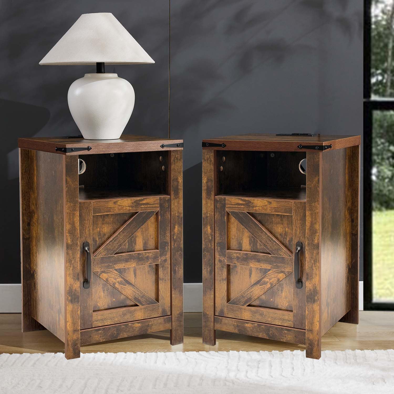 Brown Farmhouse Nightstand Set of 2, Rustic End Table with Barn Door and Shelf