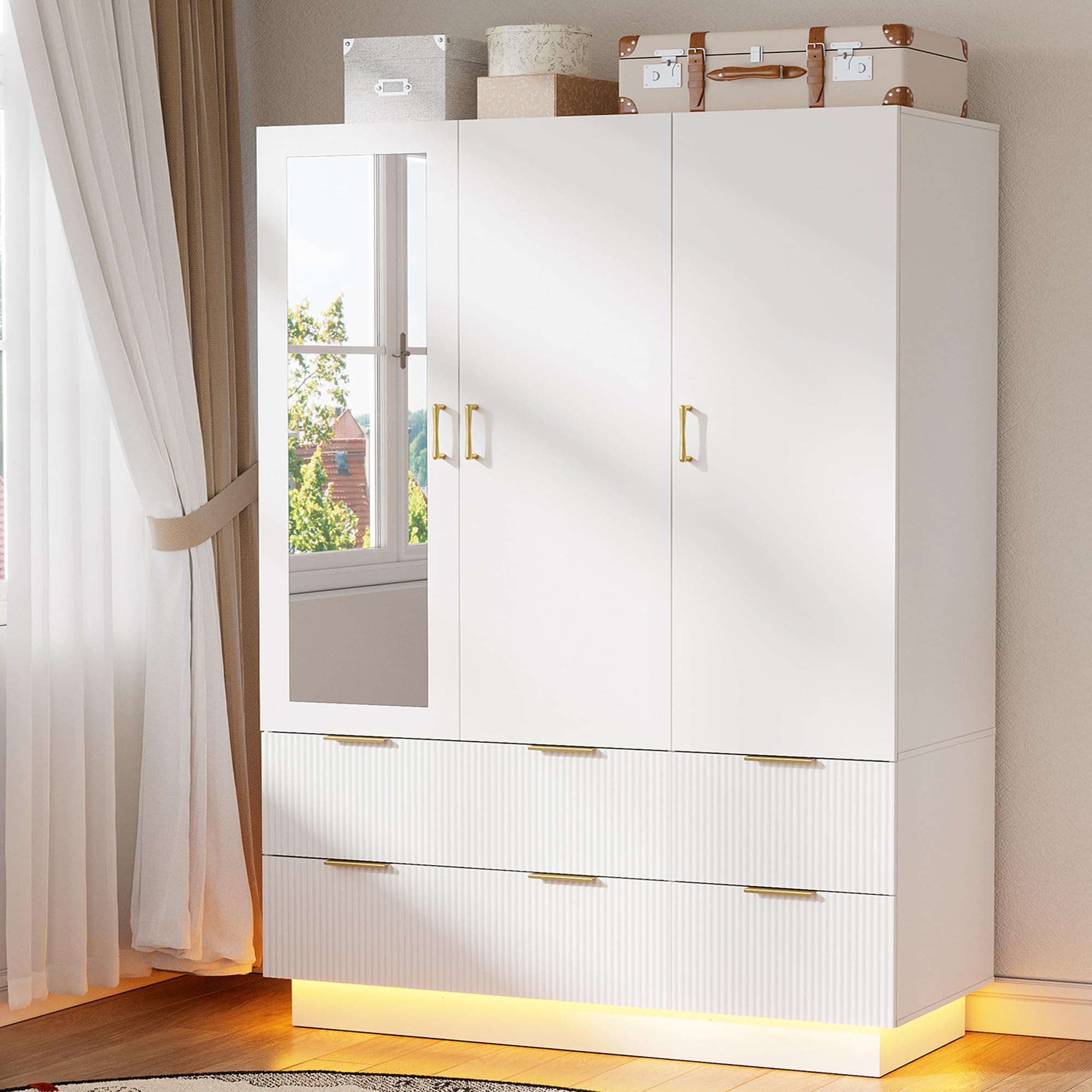 Armoire Wardrobe Closet with 3 Door, Bedroom Armoires with Mirror