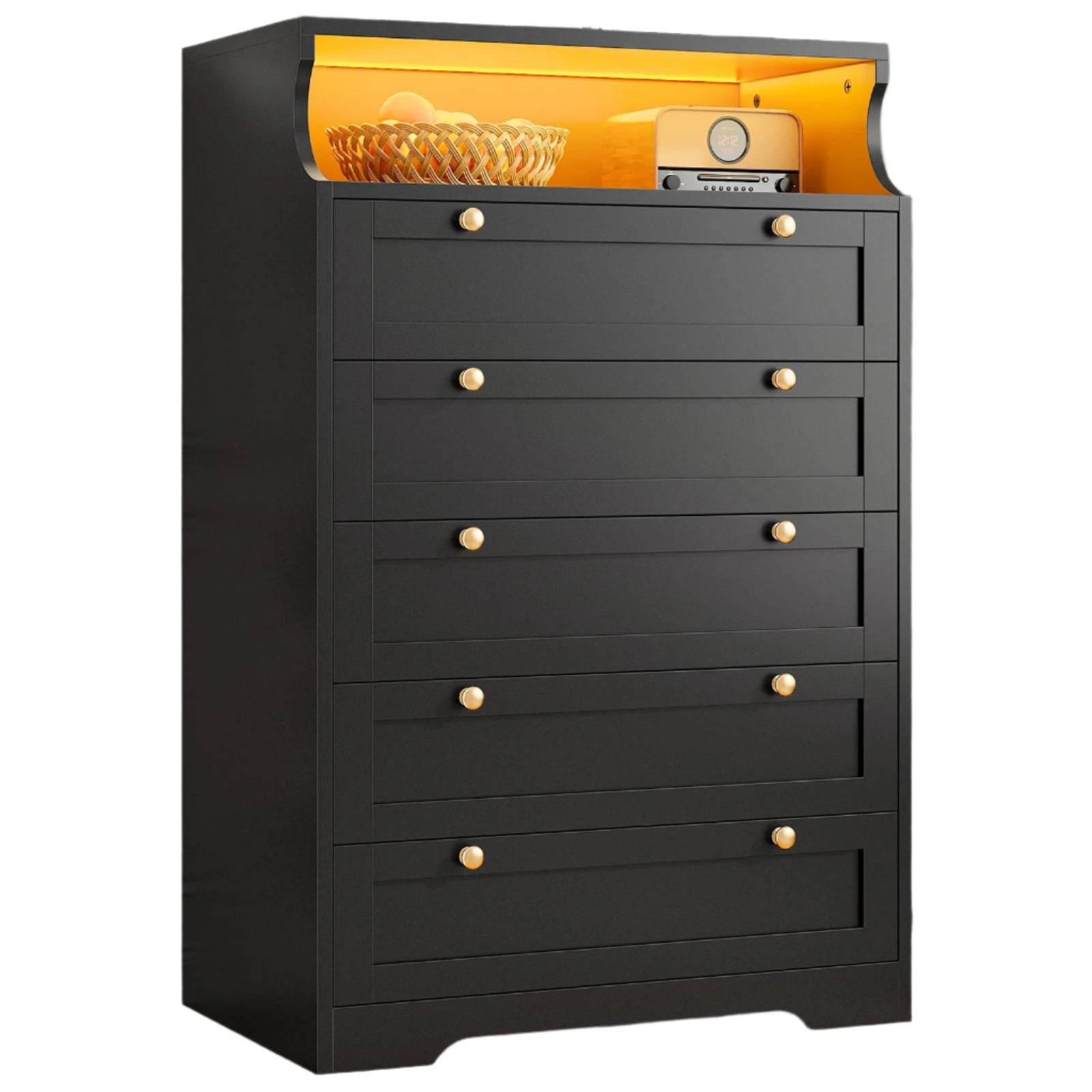Black Dresser with 5 Drawers for Bedroom,Tall Dresser with LED Lights and 2 Shelves