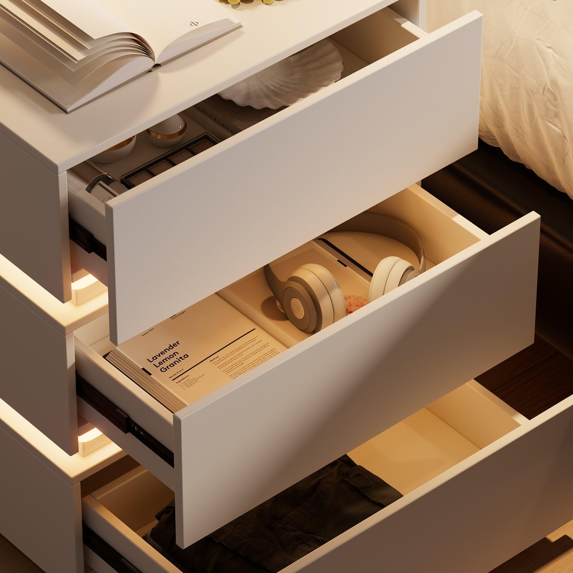 Smart Nightstand with Wireless Charging Station, Modern Bedside Table with 3 Drawers