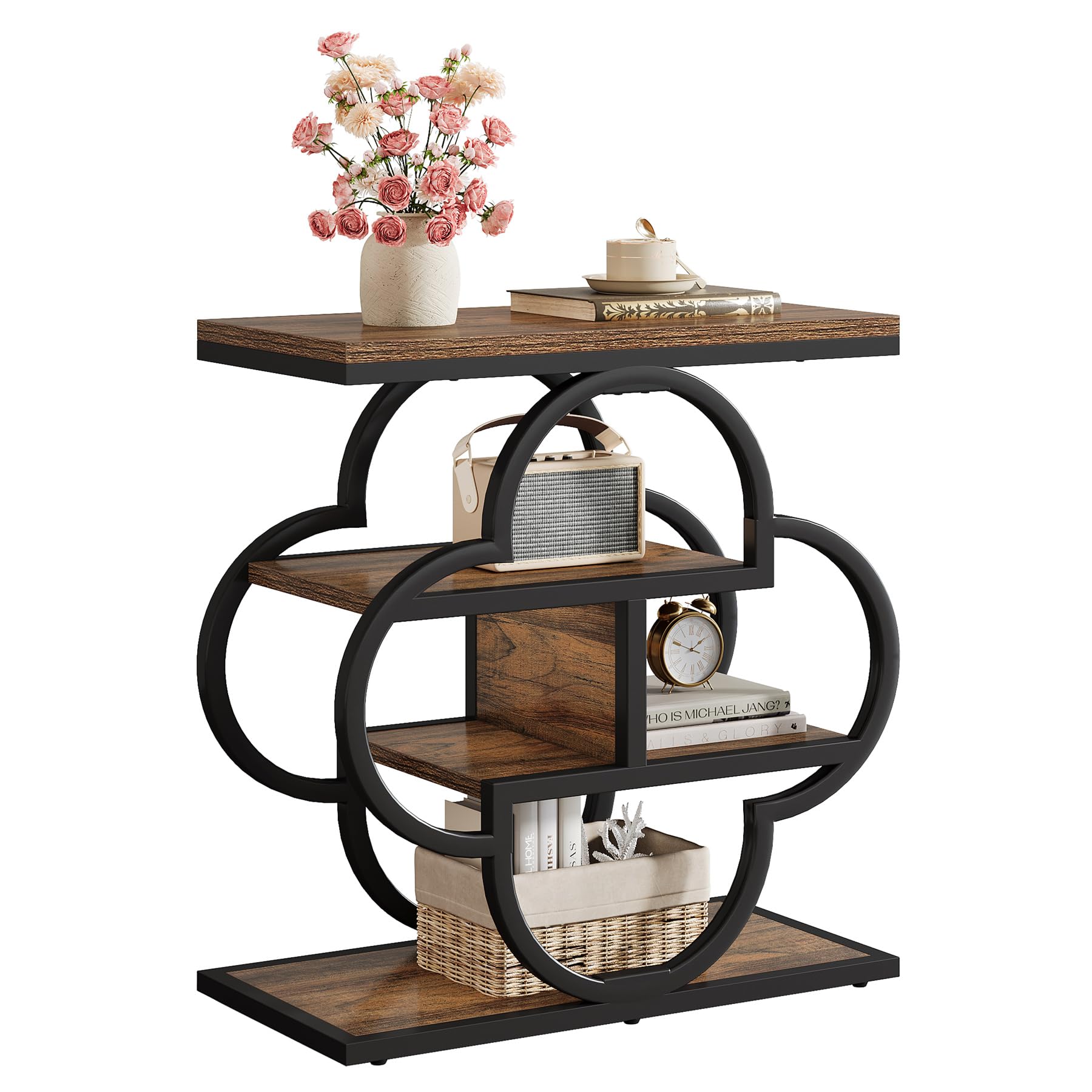 Narrow Side Table, 4-Tier Small Wooden End Table with Curved Metal Frame