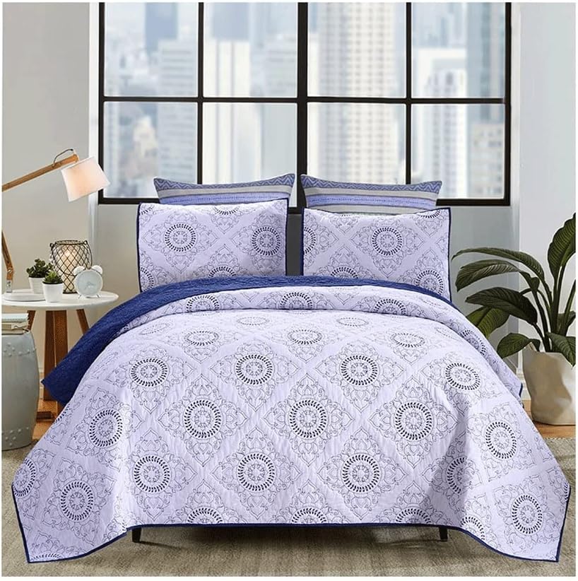 3-Piece Quilt Set Quilted Bedspread Lightweight Coverlet Set Blue Lotus