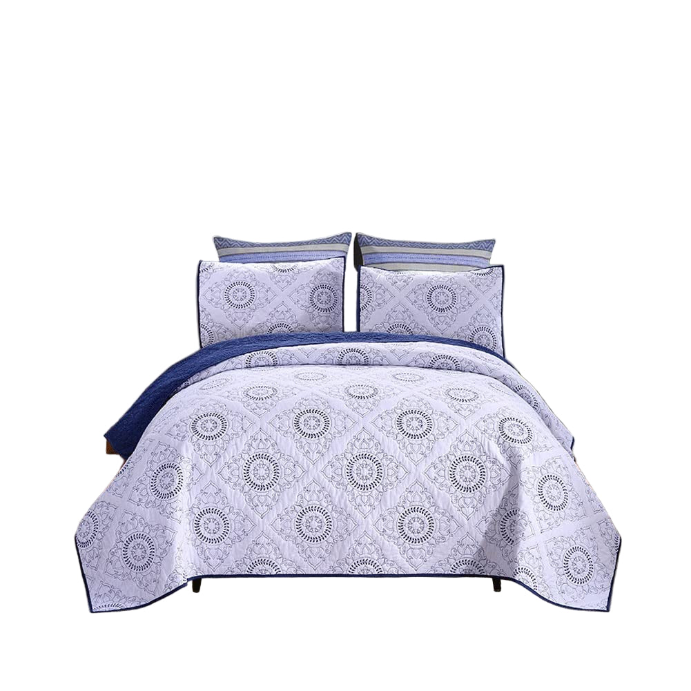 3-Piece Quilt Set Quilted Bedspread Lightweight Coverlet Set Blue Lotus