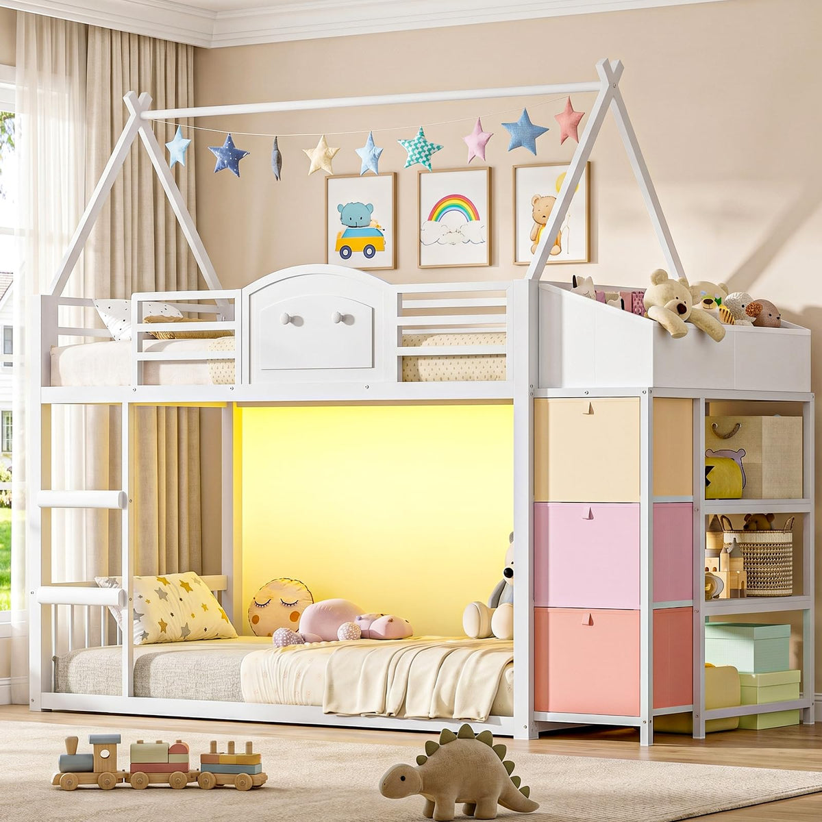Twin Over Twin Metal Bunk Bed with Storage, LED Lights & House Roof