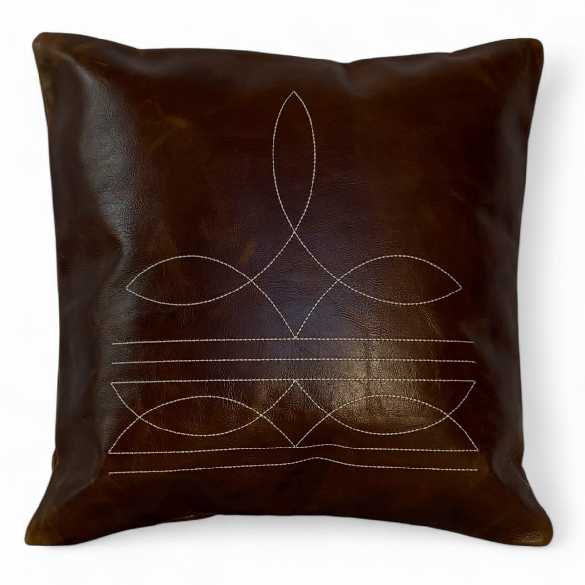 18"x18" Genuine Leather Western Boot Stitch Pillow Cover – Dark Brown, Zipper