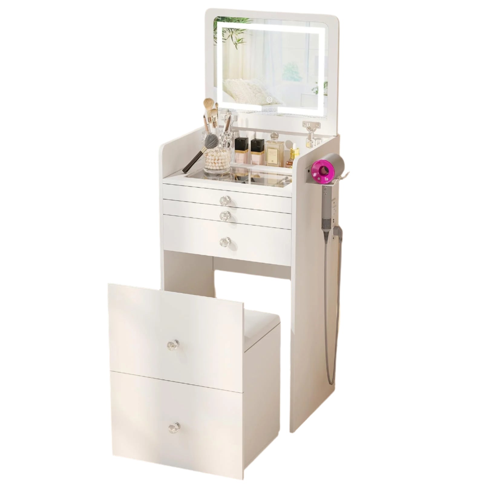 Vanity Desk with Flip Top LED Light Mirror and Glass Desktop, Small Makeup