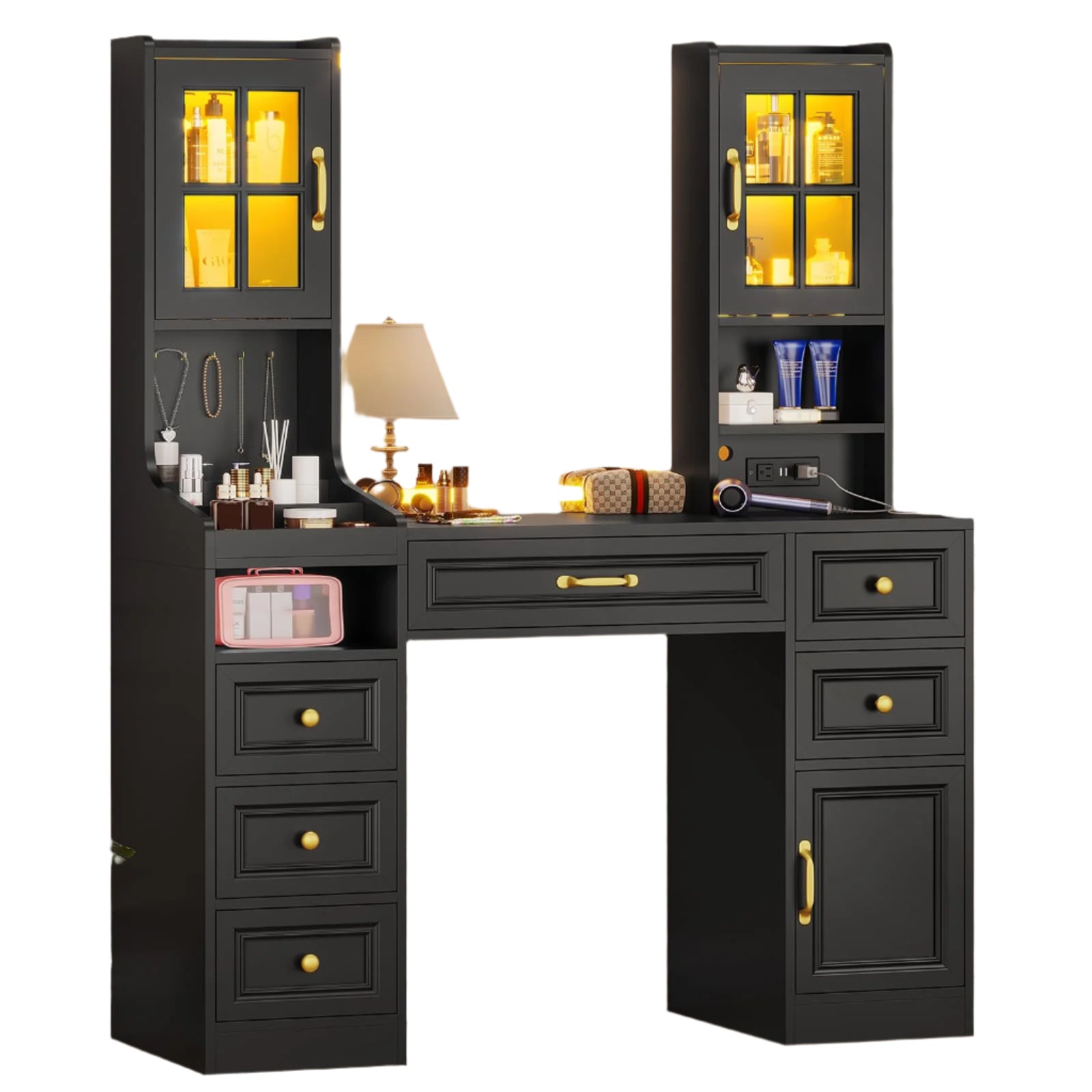 Black Vanity Desk with Touch Screen Mirror and Lights & Charging Station