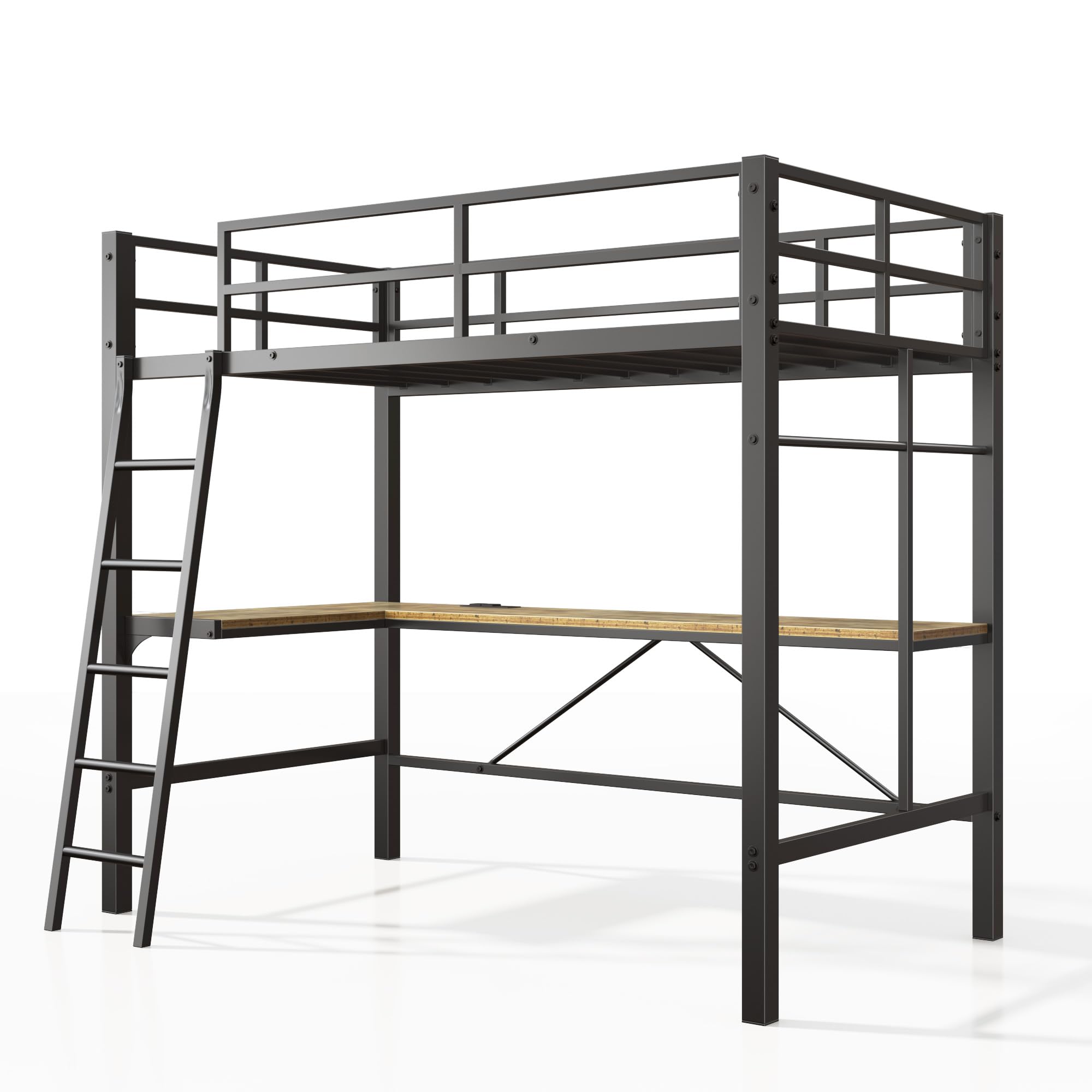 Metal Loft Bed Twin Size with Desk, Heavy Duty Twin Bed Frame with Ladder & Guardrail