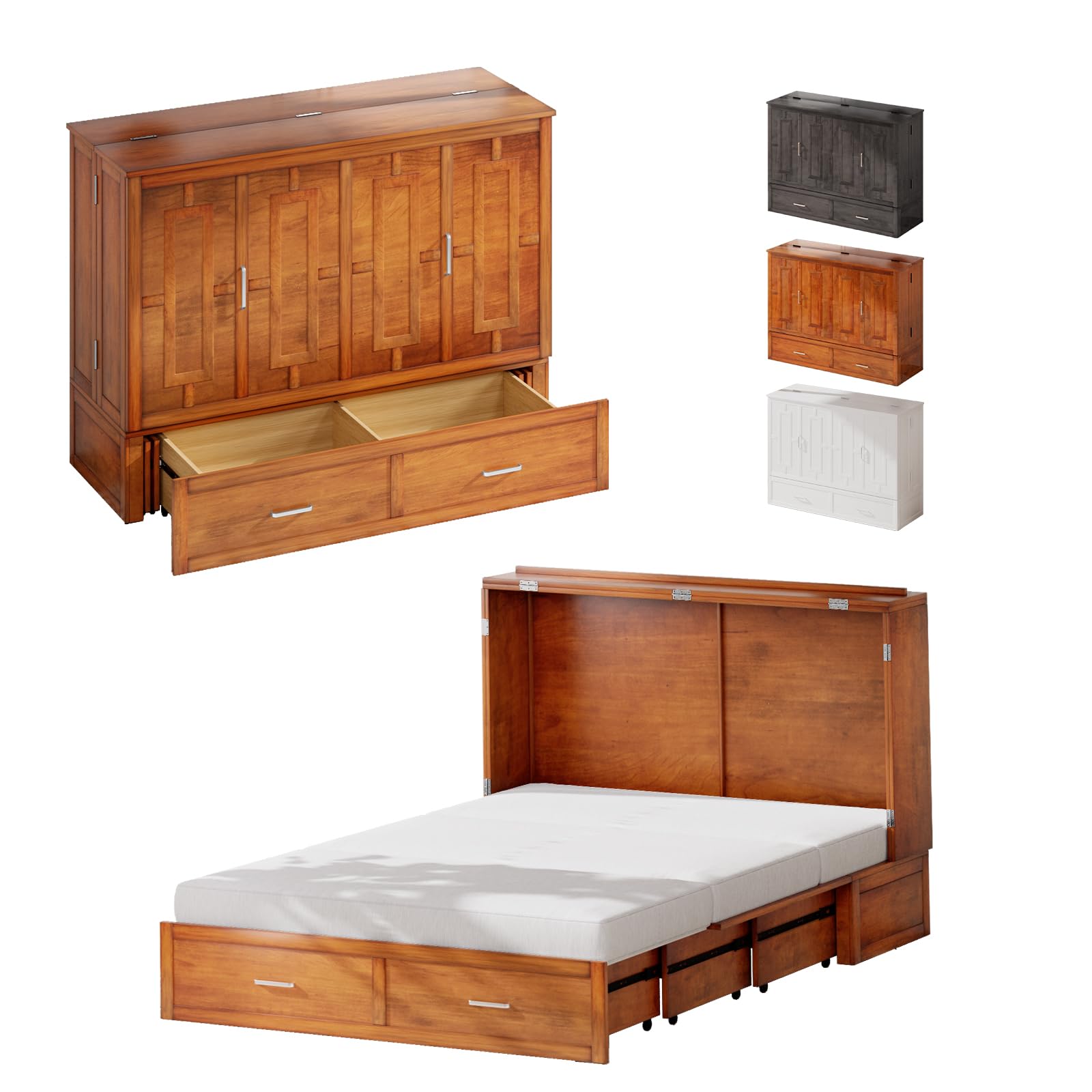 Queen Murphy Bed Cabinet with 2 Storage Drawers, Hideaway Murphy Chest