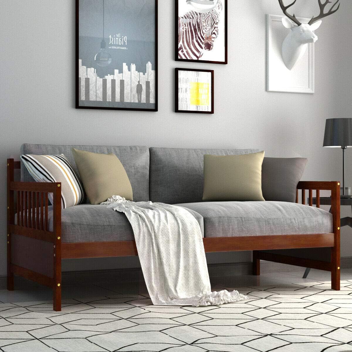 Twin Espresso Pine Wood Daybed Frame, 79x42.5x35.5 inches, Slat Support