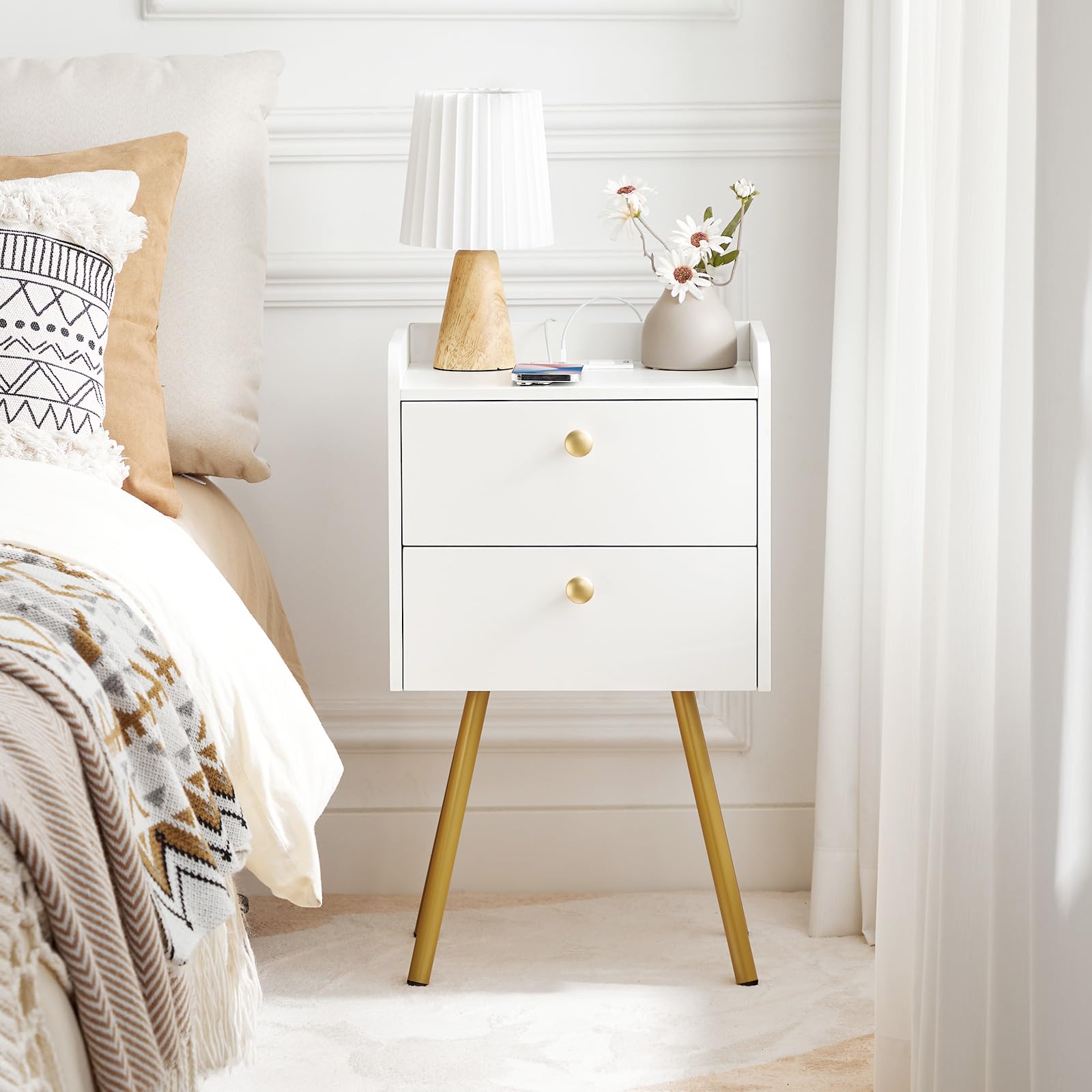 Nightstand with Charging Station, Modern End Table with 2 Drawers