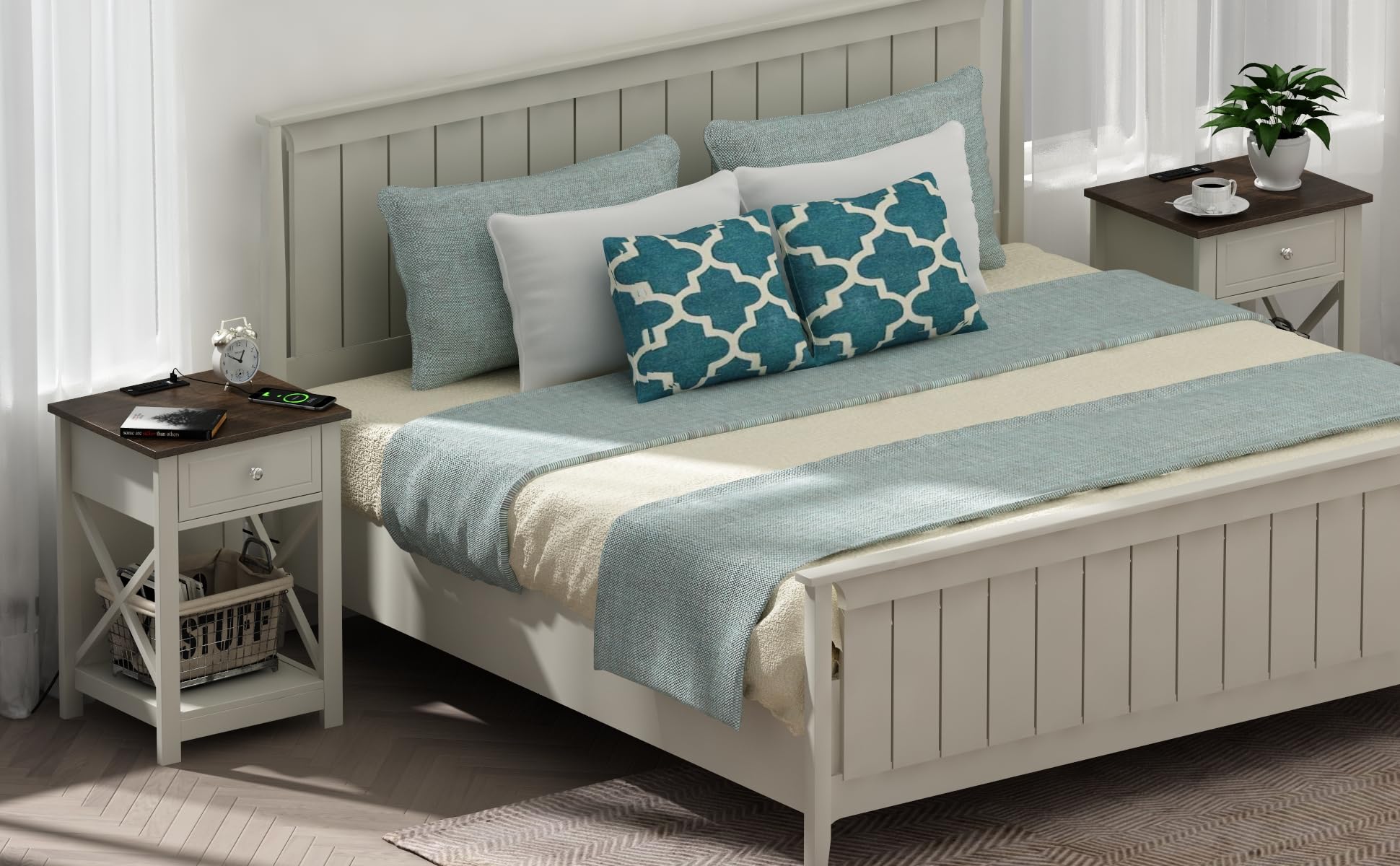 Farmhouse End Table Set of 2,Nightstand with Charging Station, X-Design Side Table