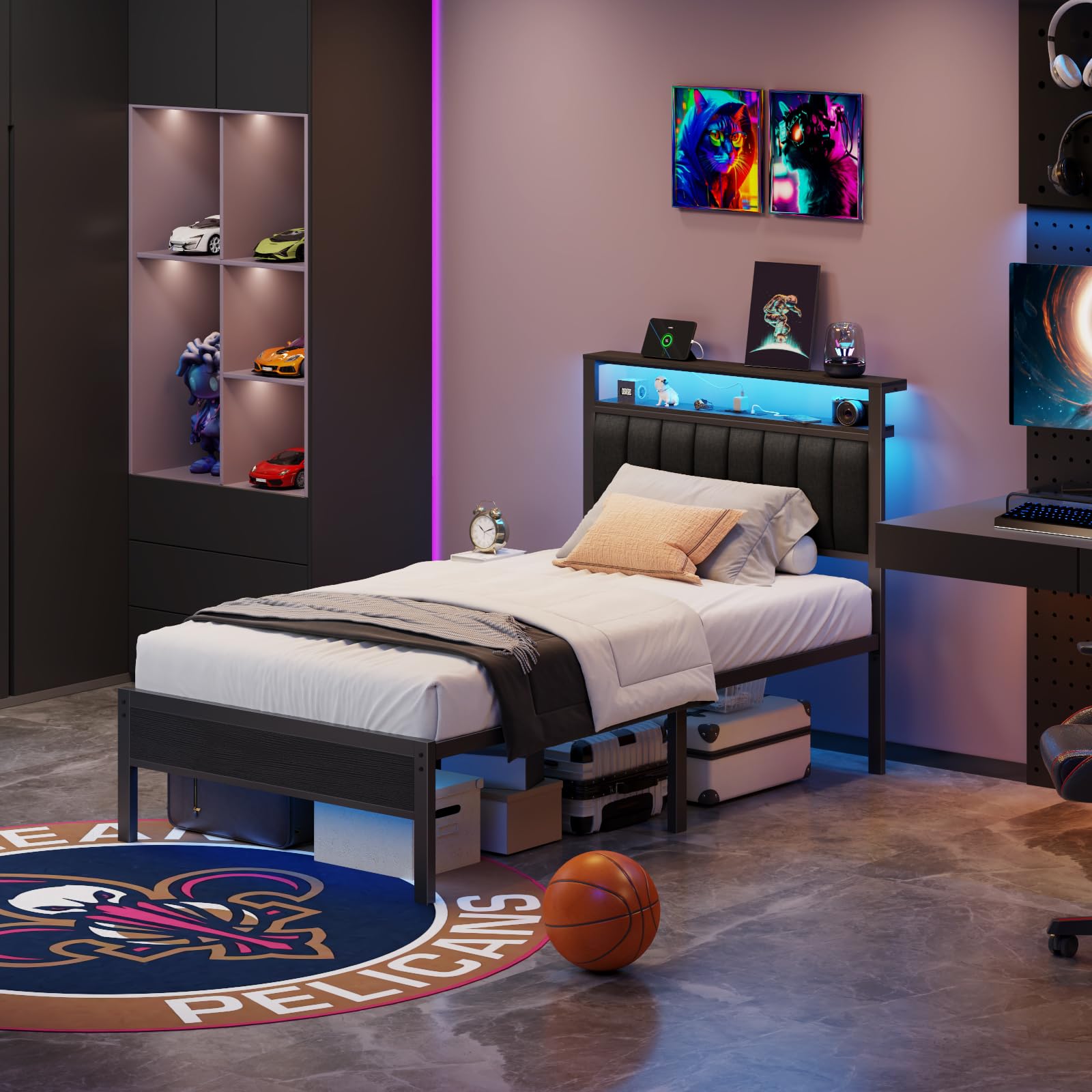 Twin Size Bed Frame with Charging Station and LED Lights