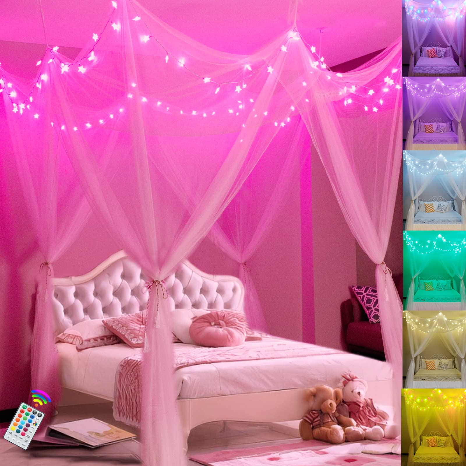 White Bed Canopy with Star Lights for Girls, 8 Corner Post Princess Canopy Bed Curtains