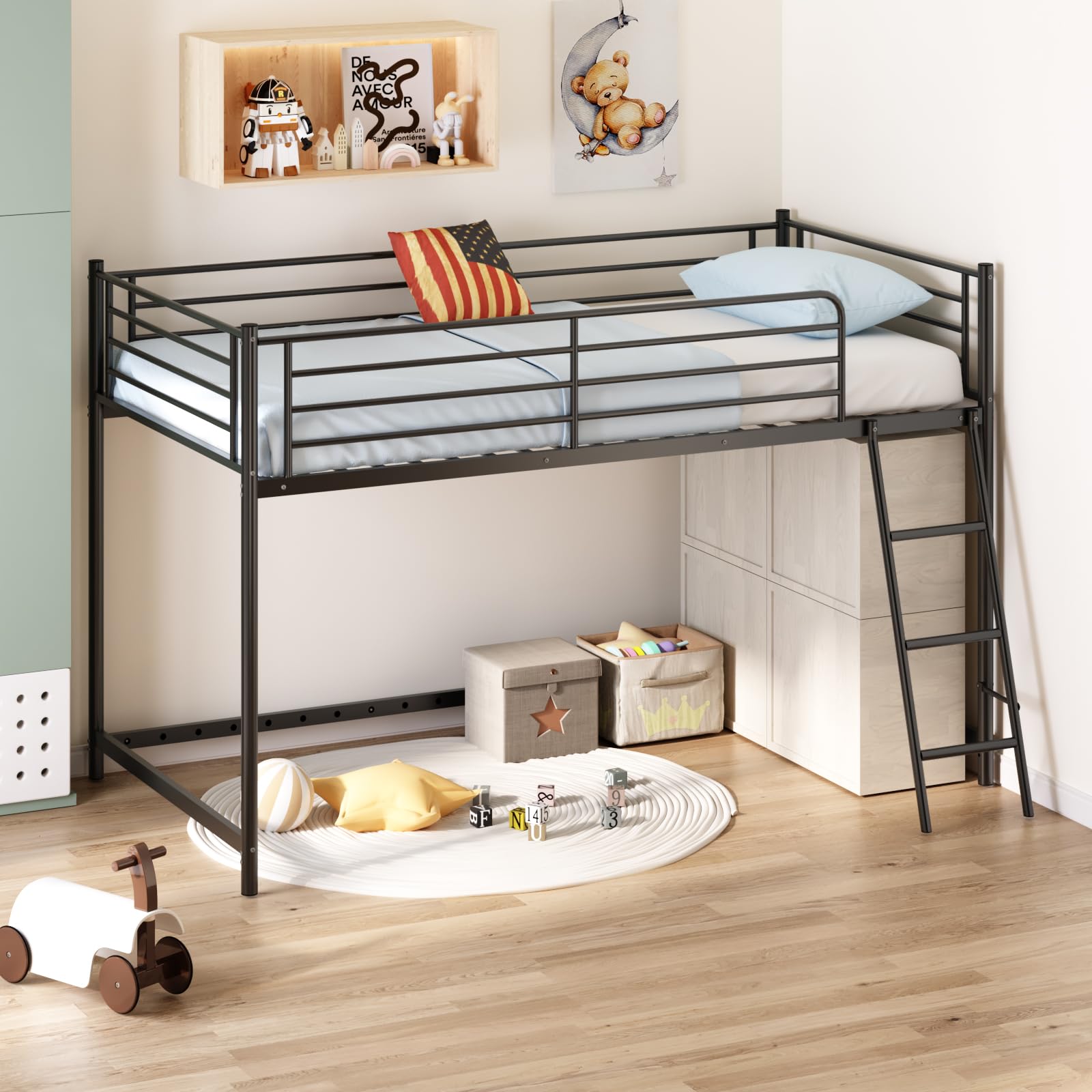 Low Loft Bed with Inclined Ladder, Metal Twin Size Bed Frame with 15” High