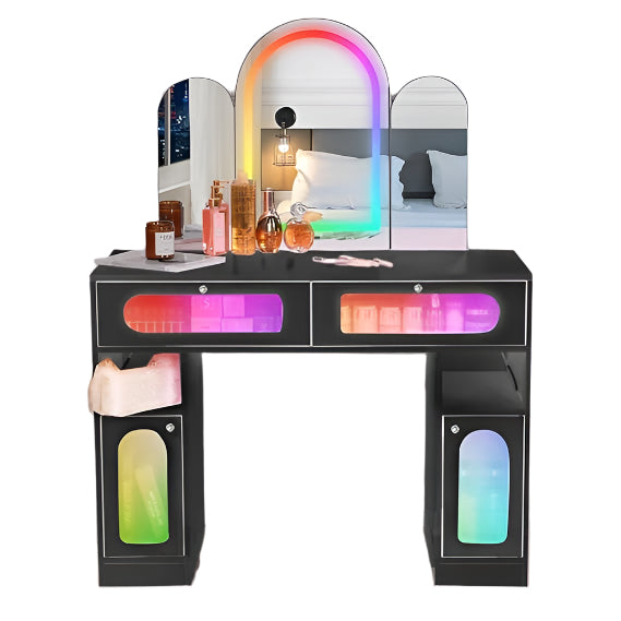 Vanity Desk with Arched Tri-Fold Mirror, Dimmable Vanity Table, LED RGB Makeup