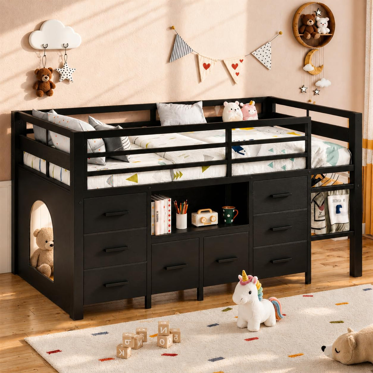 Twin Low Loft Bed with 8 Storage Drawers & Bookcase
