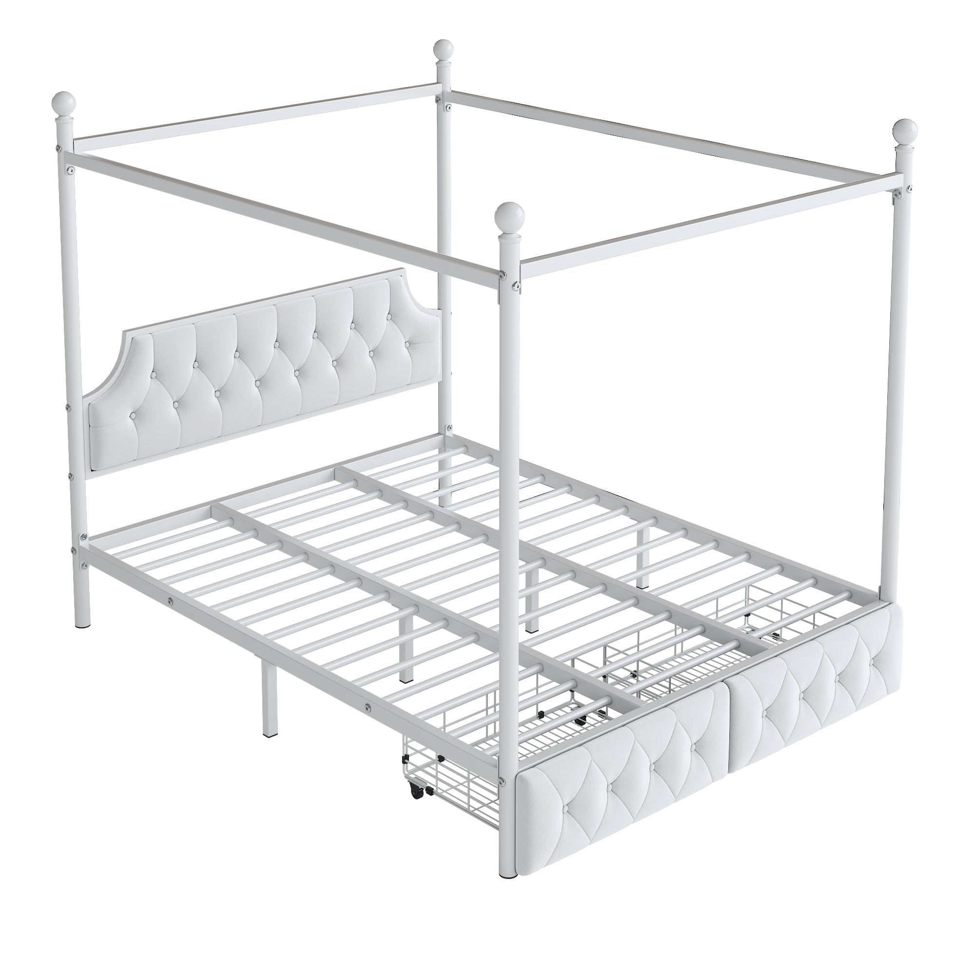 Queen Size Metal Canopy Bed with Upholstered Headboard and Drawers