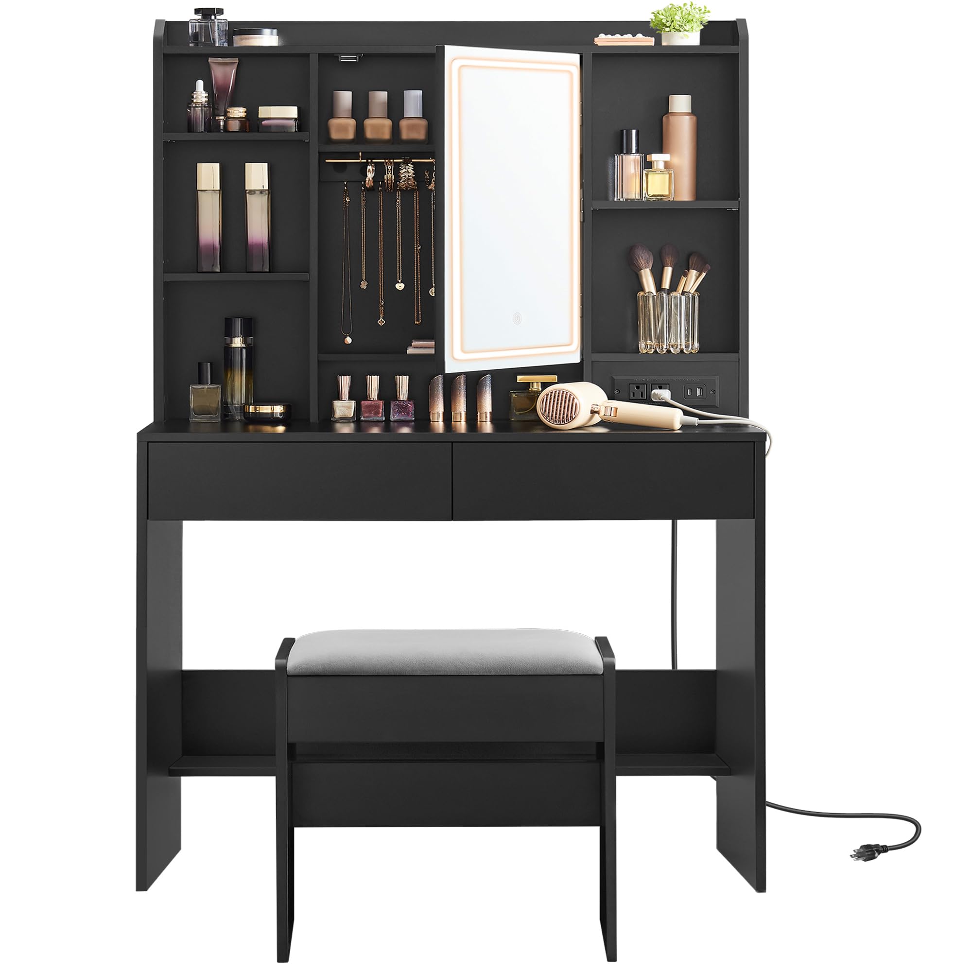 Desk with Power Outlets, Makeup Vanity with Mirror and Lights, Upholstered Vanity
