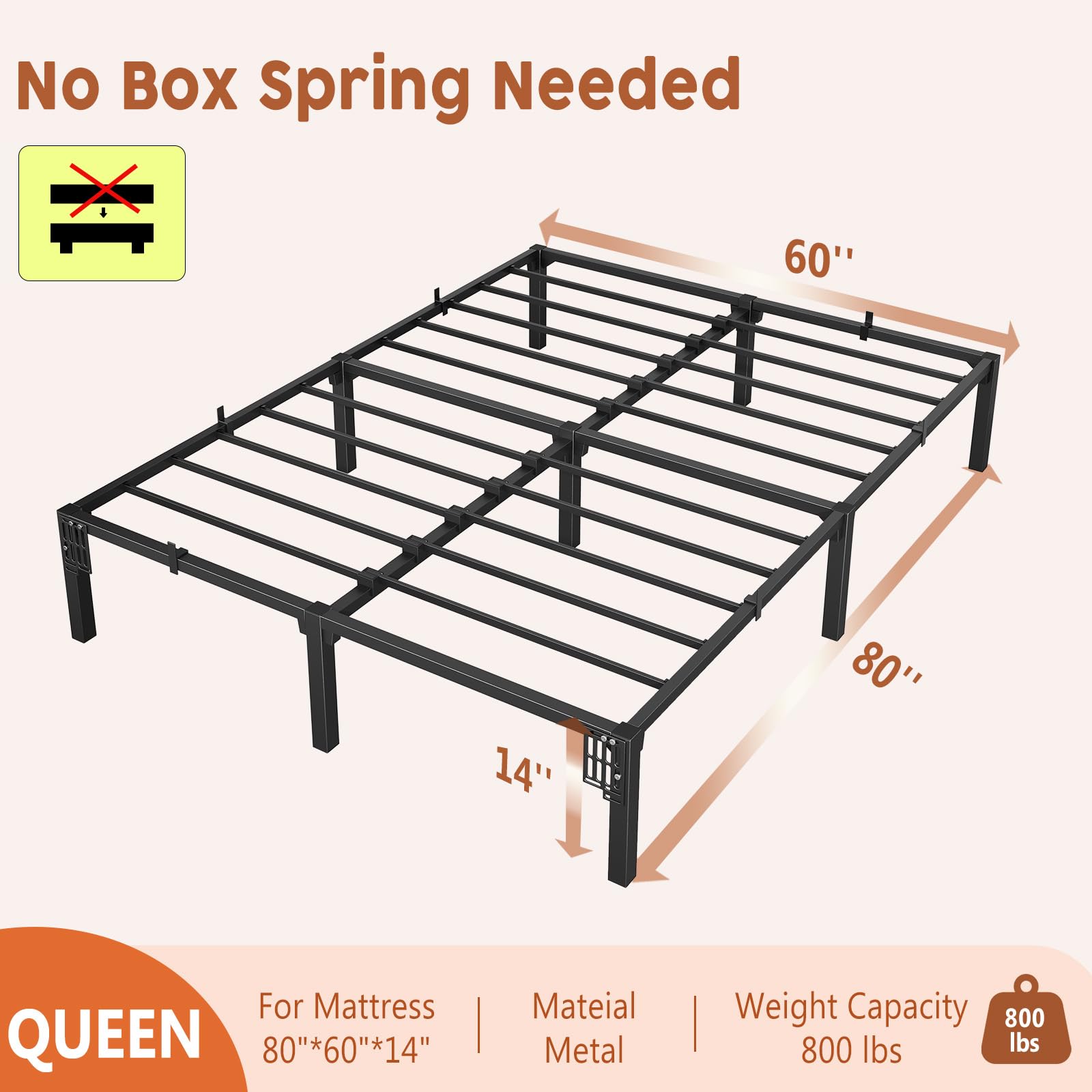 Queen Size Bed Frame 14 Inch, Sturdy Metal Platform with Durable Iron Slat