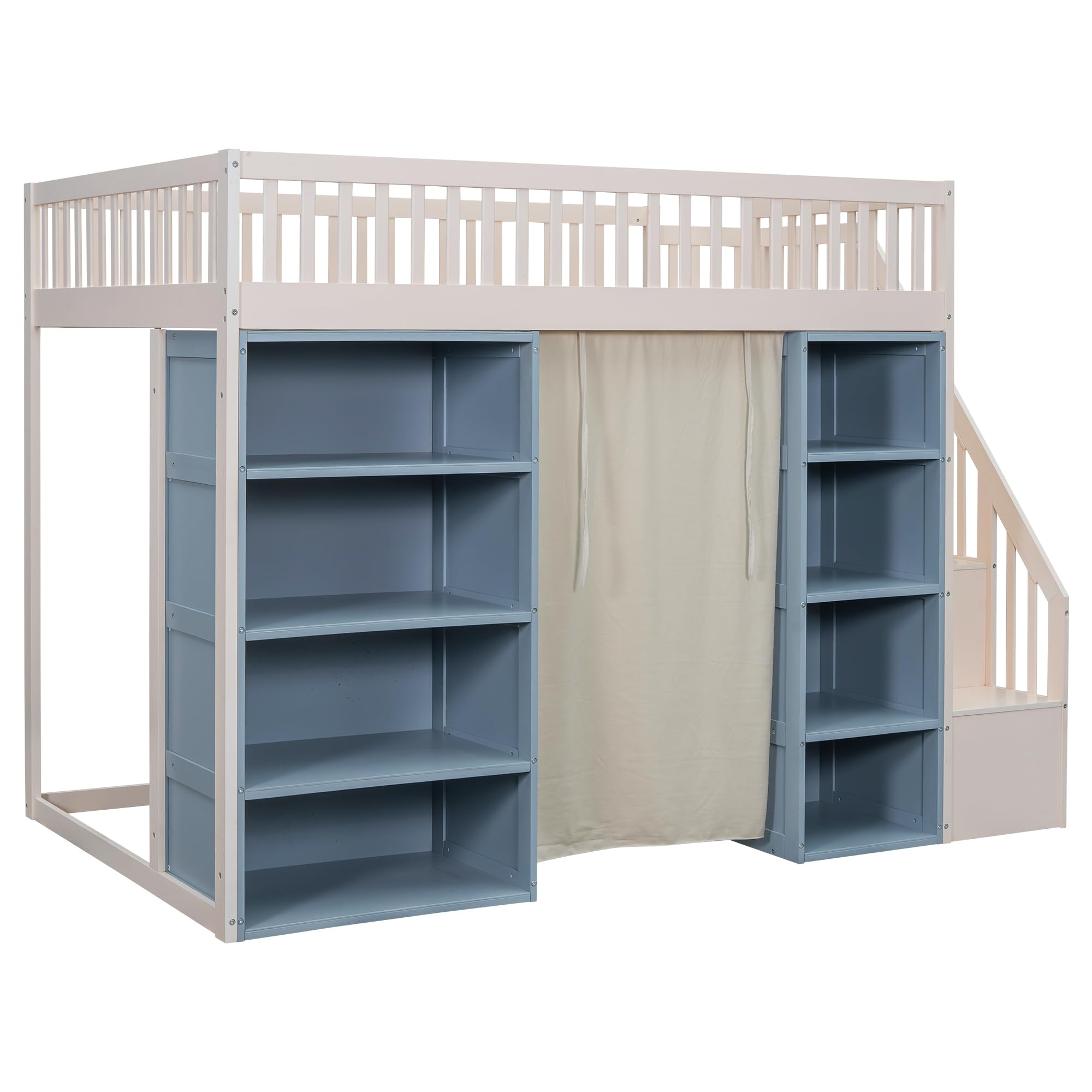Full Size Loft Bed with 2 Four-Layer Racks and Storage Staircas