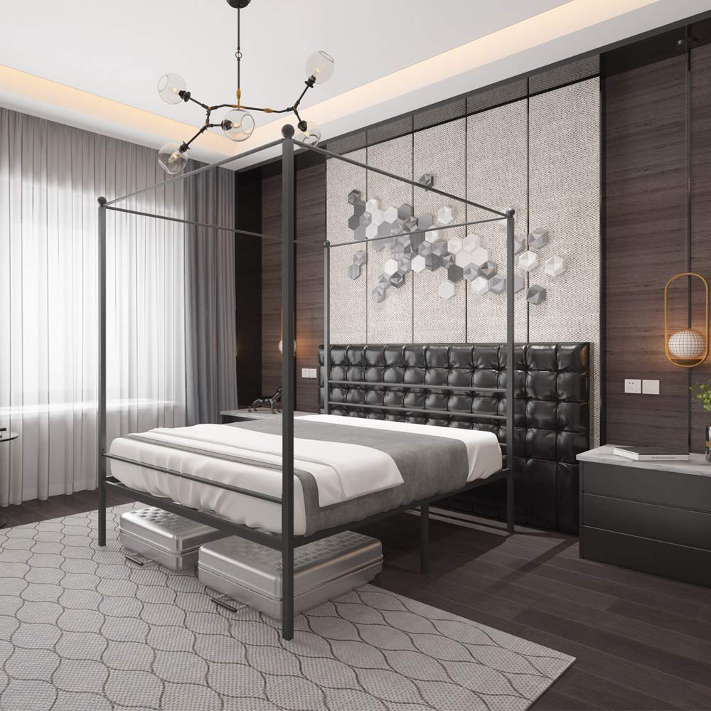 Canopy Bed Frame Full Size Black Metal 4 Poster Double Bedframe Modern Post Corner