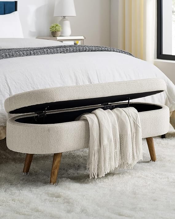 Storage Bench 43.5" Linen Fabric Upholstered Entryway Bench