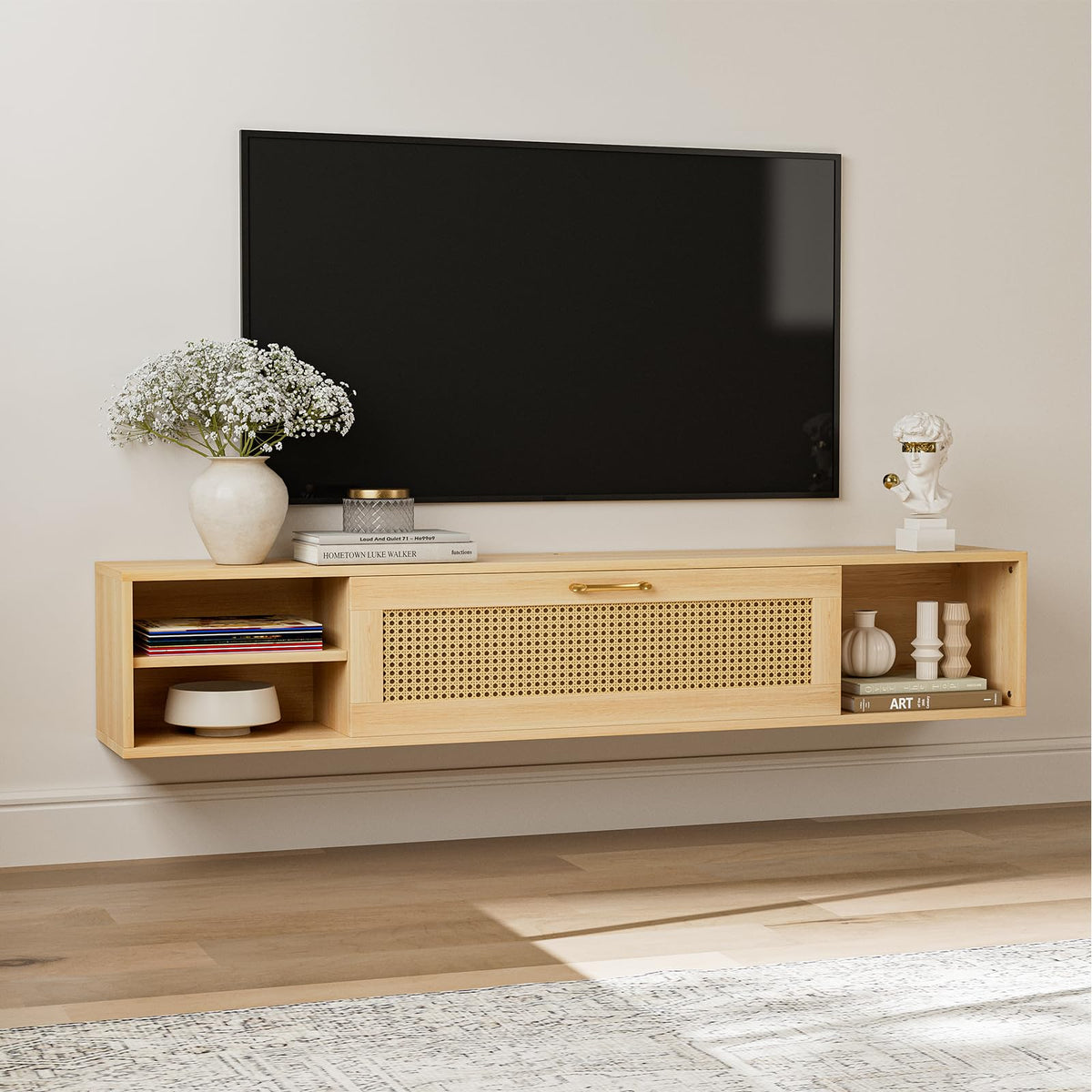 Floating TV Stand with Rattan Cabinet, 65–75 Inch