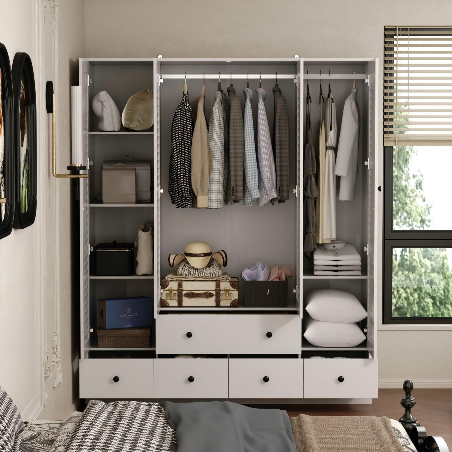 4 Shutter Door Wardrobe with Shelves and Drawers, Armoire Wardrobe Closet