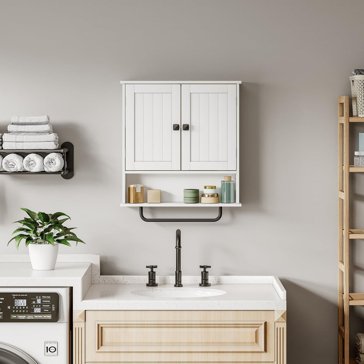 RRX Bathroom Cabinet Wall Mounted Medicine Cabinets with Towels Bar (White)