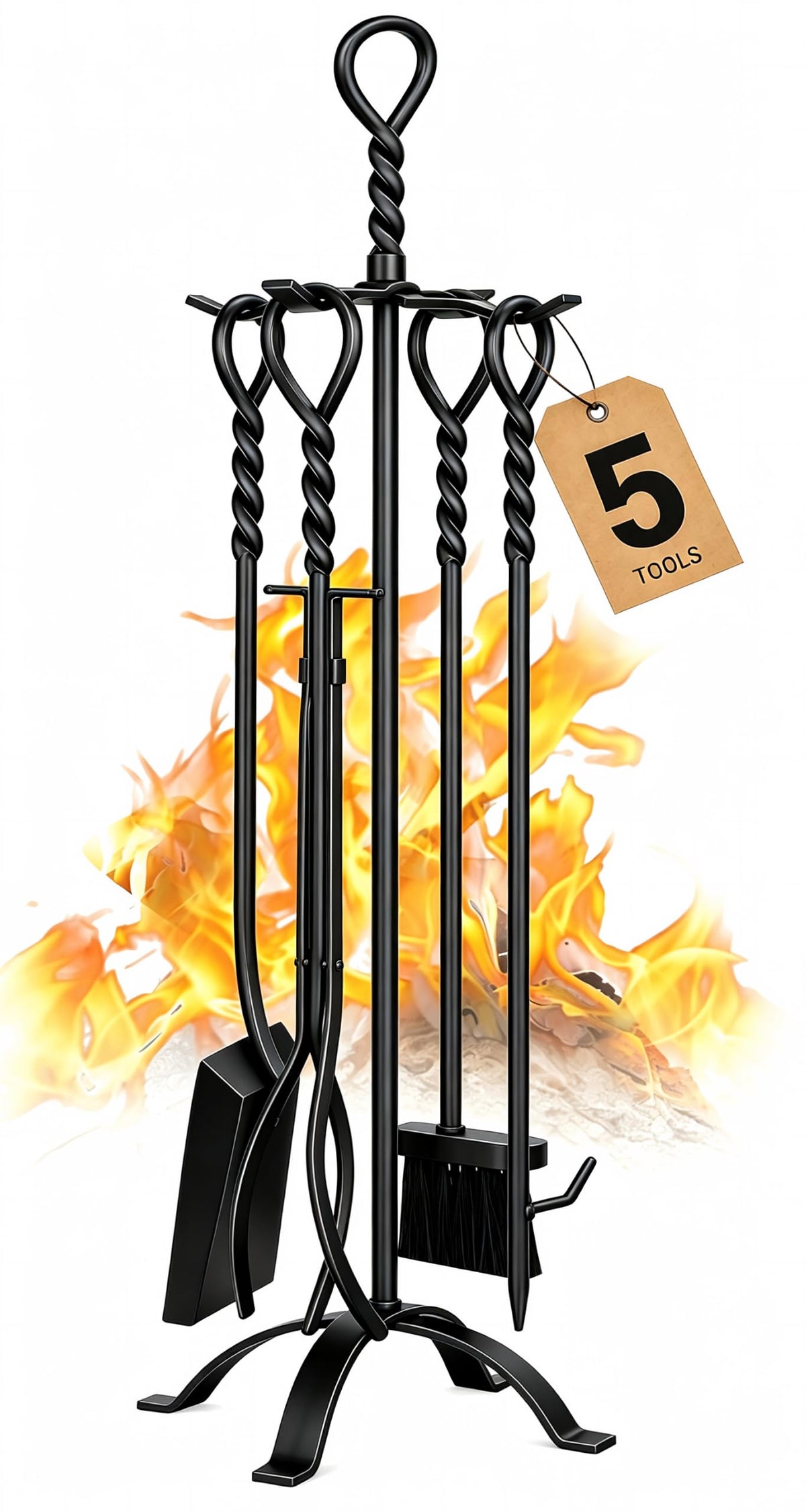 5-Piece Fireplace Tools Set with Stand