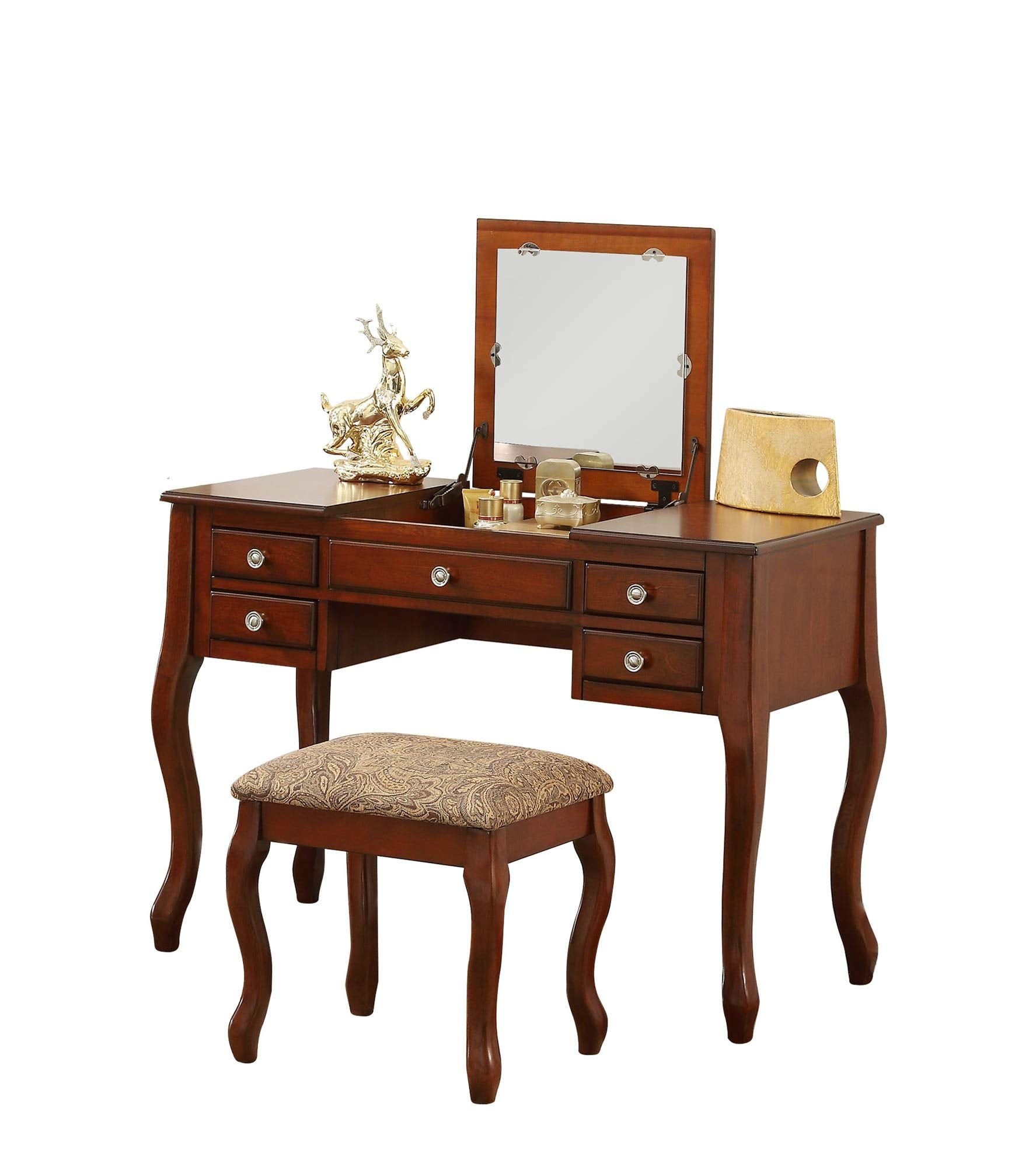 Bobkona Cailyn Flip Up Mirror vanity Set with Stool in Cherry
