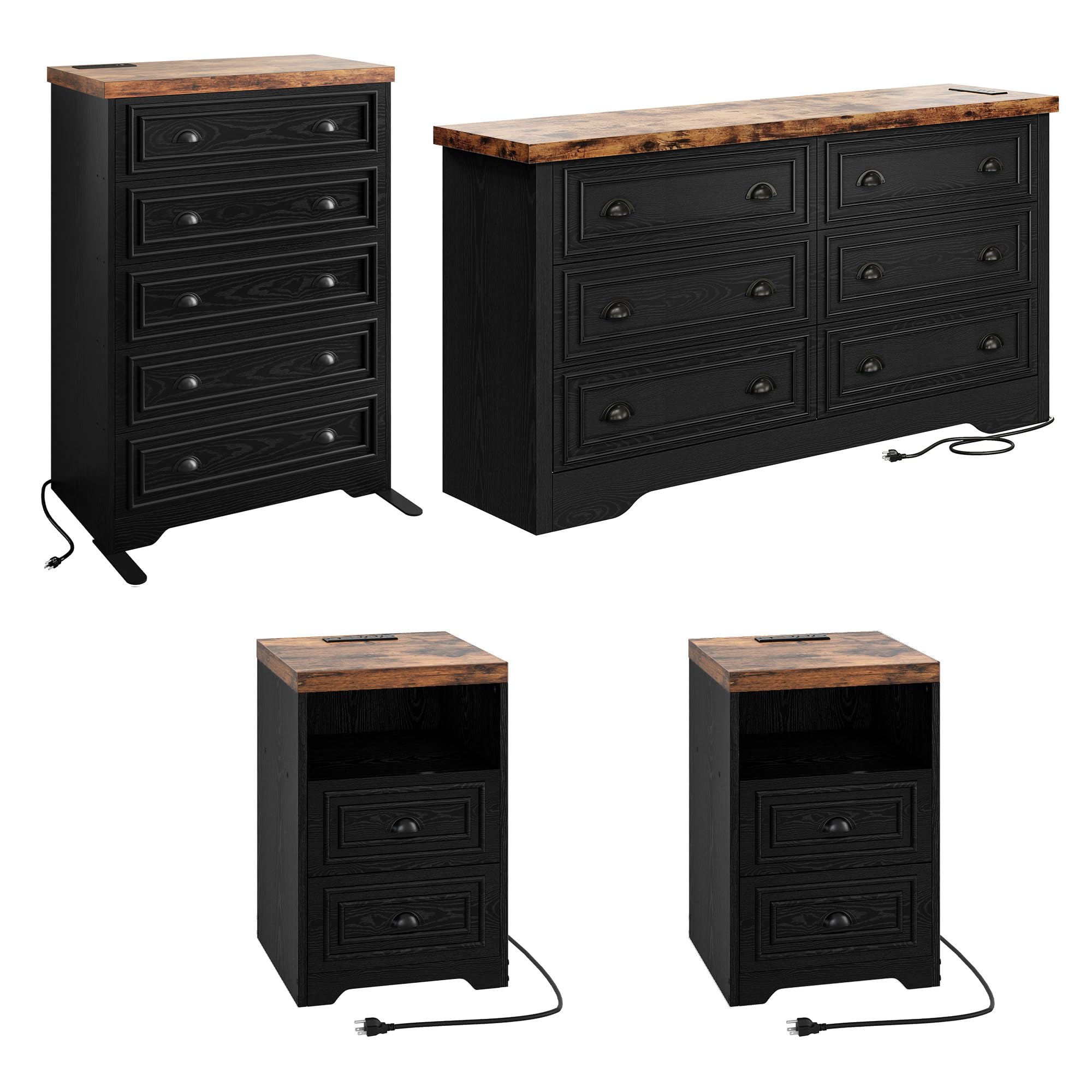 Farmhouse Bedroom Set, Power Strip, 4 Pieces Bedroom Furniture Set
