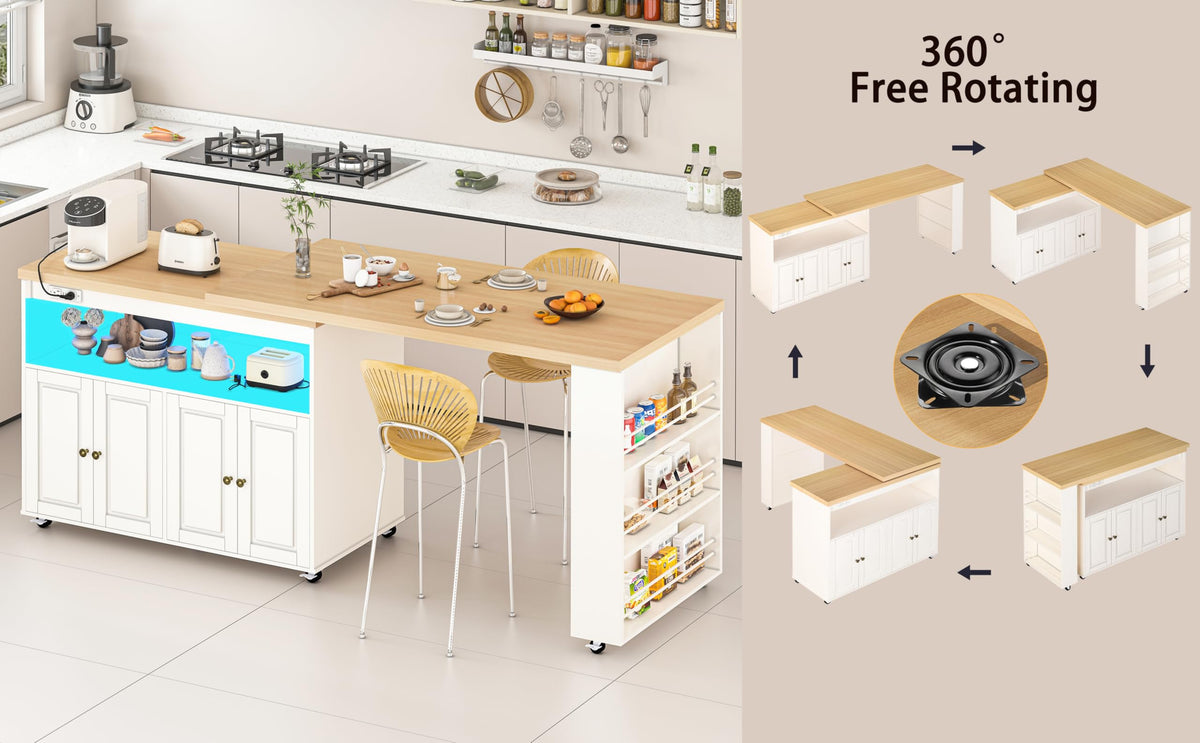 Rolling Kitchen Island with Swivel Table & LED Lights