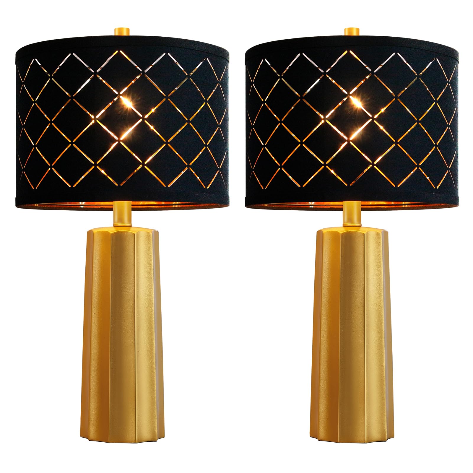 24" Set of 2 Modern Table Lamps for Living Room Bedroom, Gold Black Grid Nightstand