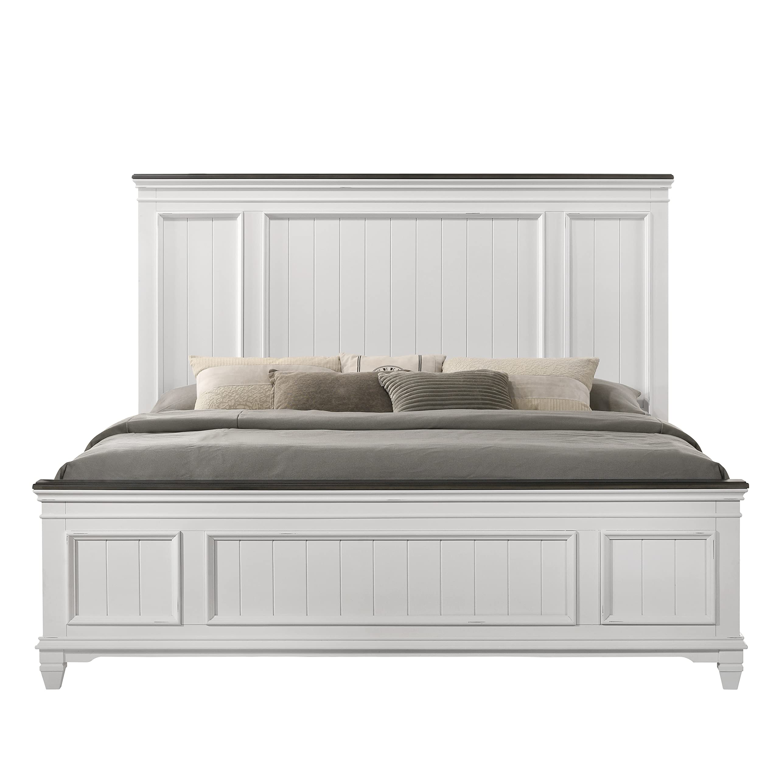 Clelane Shiplap Wood Panel Bed, King, Weathered White and Walnut