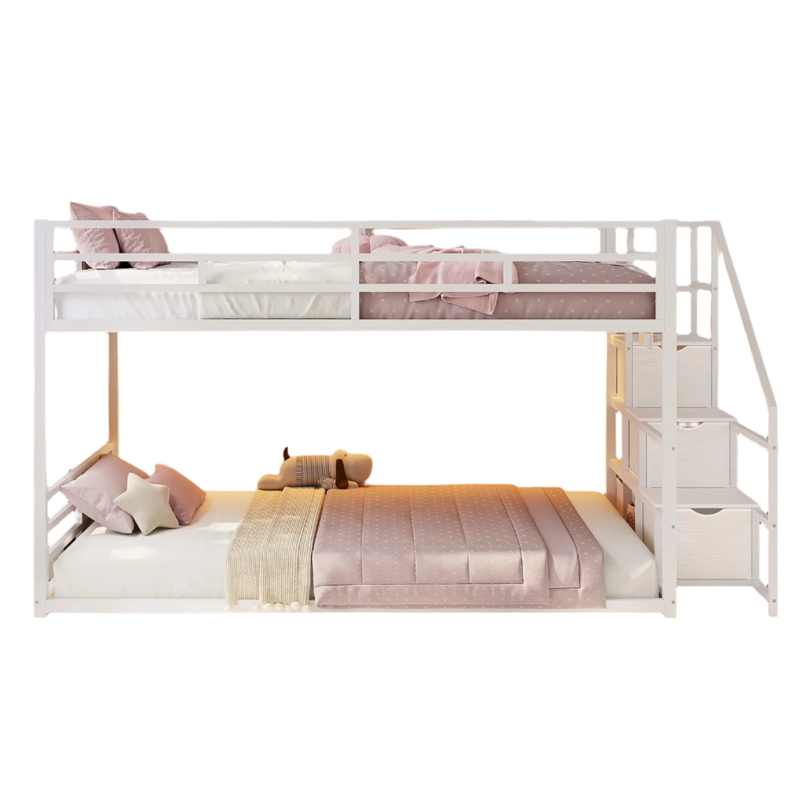 Low Bunk Bed Twin Over Twin with Stairs, Storage Drawers & Shelves