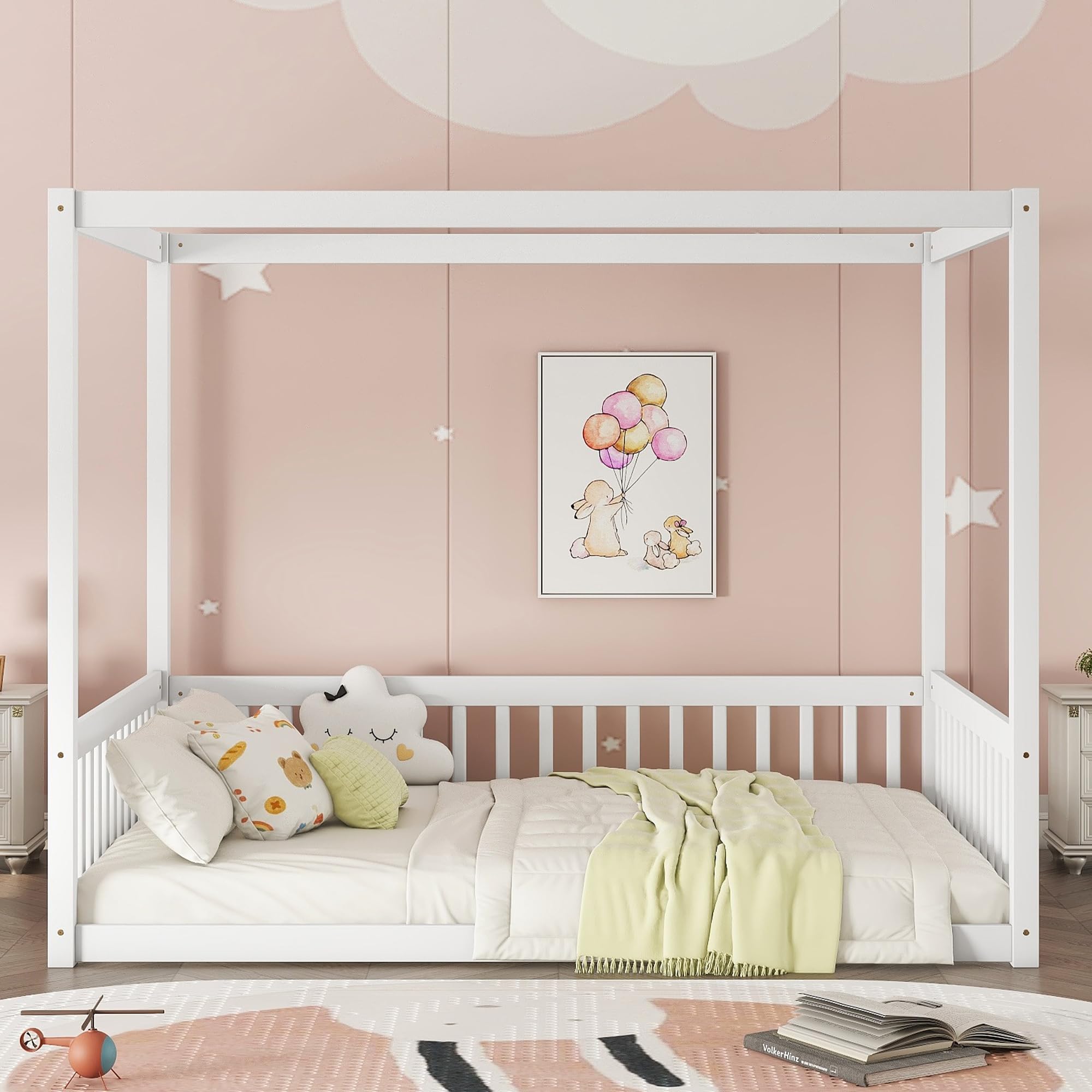 Full Size Canopy Bed Frame with Guardrails for Kids,Floor Bed Full
