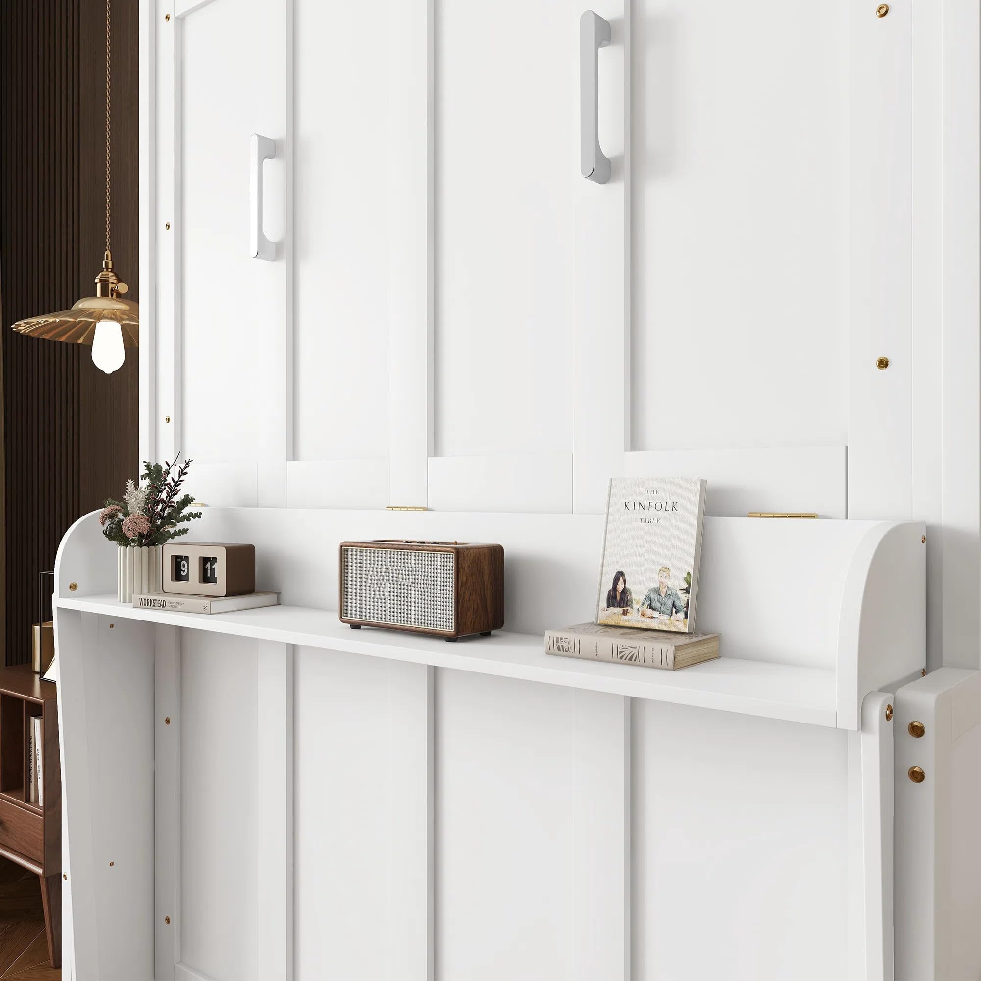 Queen Size Wall Bed with Desk, Wood Hidden Murphy Bed Frame