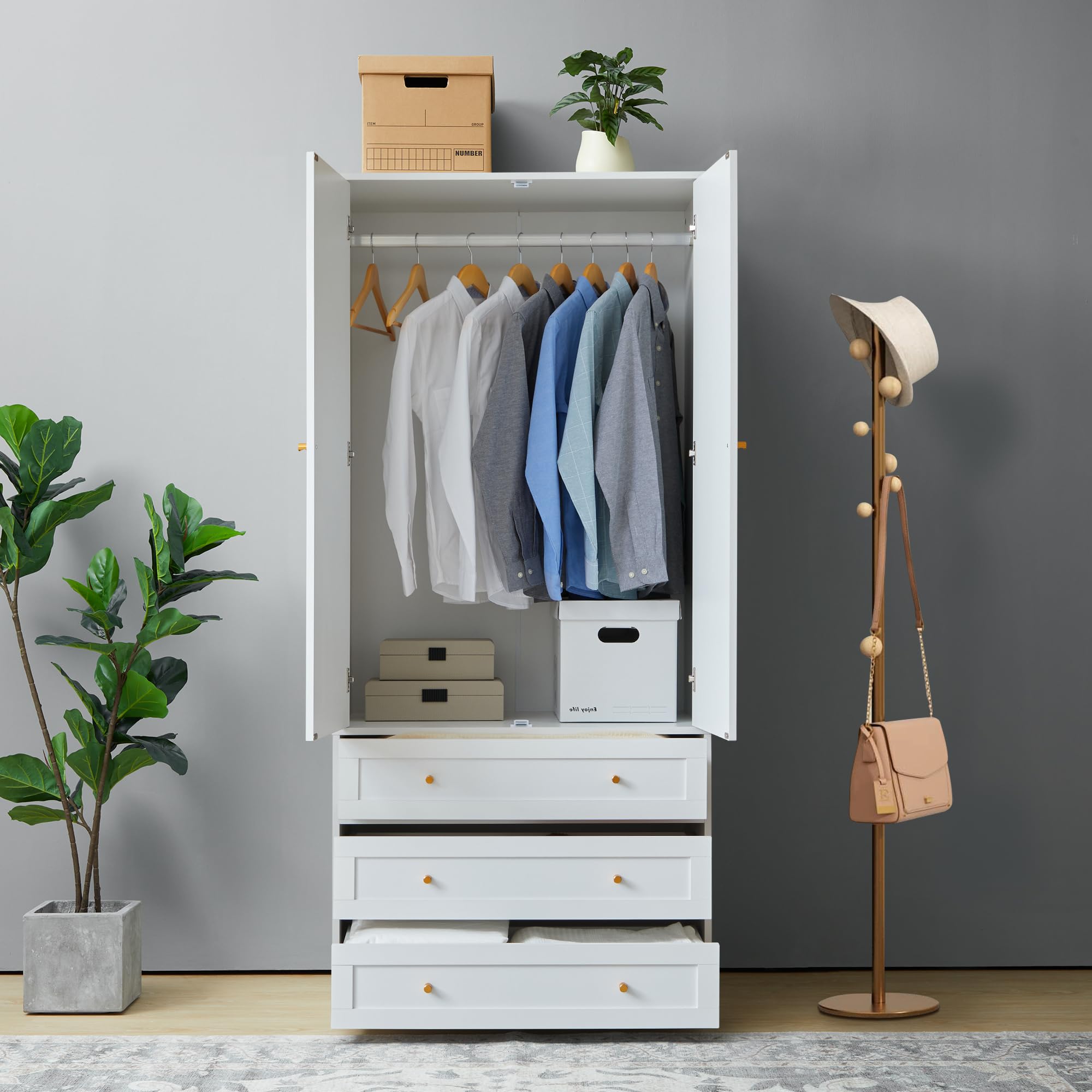 Armoire Wardrobe Closet with 4 Doors and 6 Drawers, 70.87" Tall Wooden Clothes