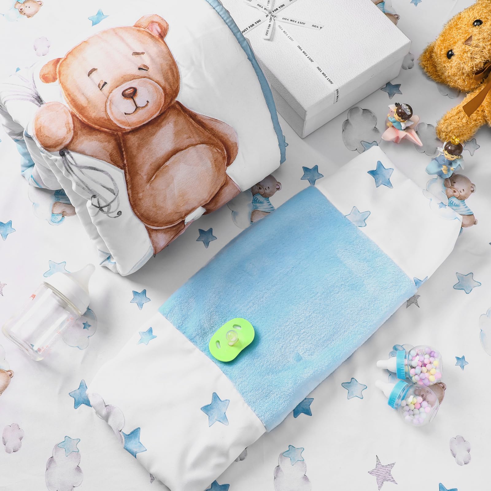 Mixweer 5 Pcs Crib Bedding Set for Toddlers Include Cloud Balloon Bear Theme Crib Sheets, Skirt, Comforter, Pad Cover, Wall Stickers for Boys or Girls Nursery Bedding Sets(Blue)
