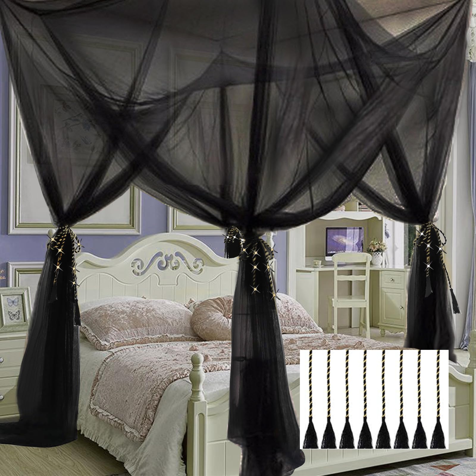 Mosquito Net Bed Canopy,4 Corner Post Canopy Bed Curtains with 4 Hanging Hook