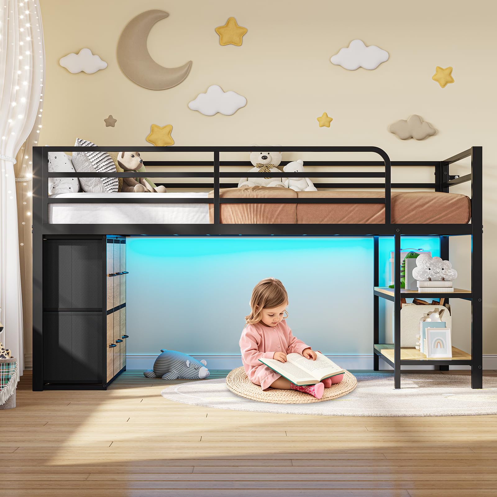Low Loft Bed Twin Size with 6 Storage Drawers, LED Lights, 2 Tier Storage Shelves