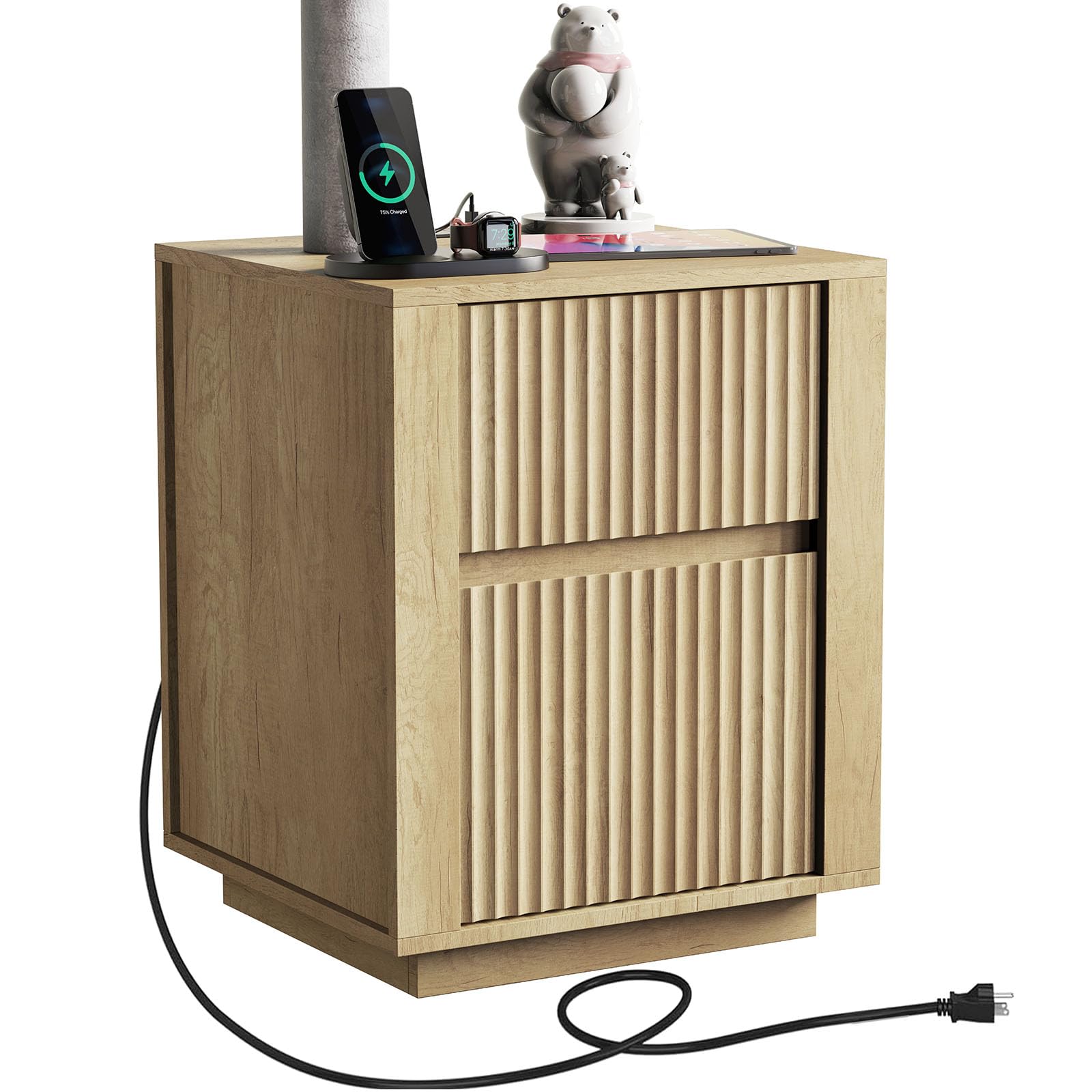 Modern Nightstand with USB Charging Ports, Wavy Bedside Table