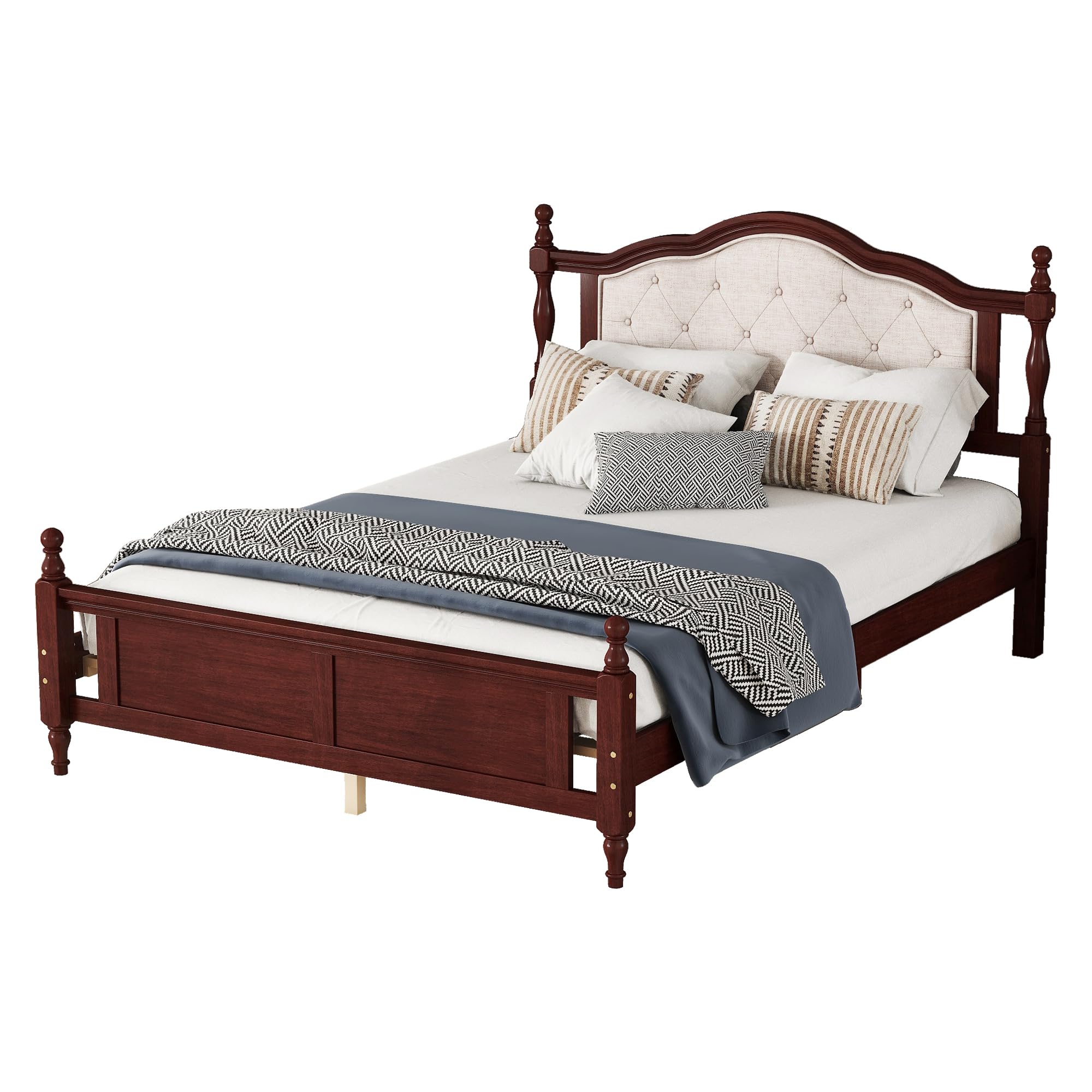 Pine Wood Queen Size Bed Frame with Upholstered Headboard and Panel Footboard