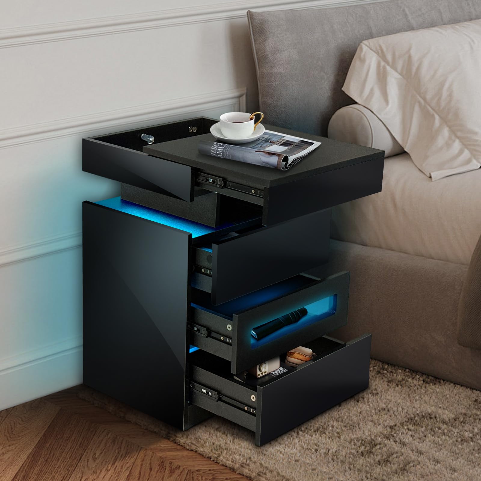 POVUD Night Stand with Gun Drawer Holder, Modern Bedside Table Nightstand with Led Lights and Hidden Locking Compartment with Power Strip Outlet and USB C Port Storage Shelves for Bedroom Black