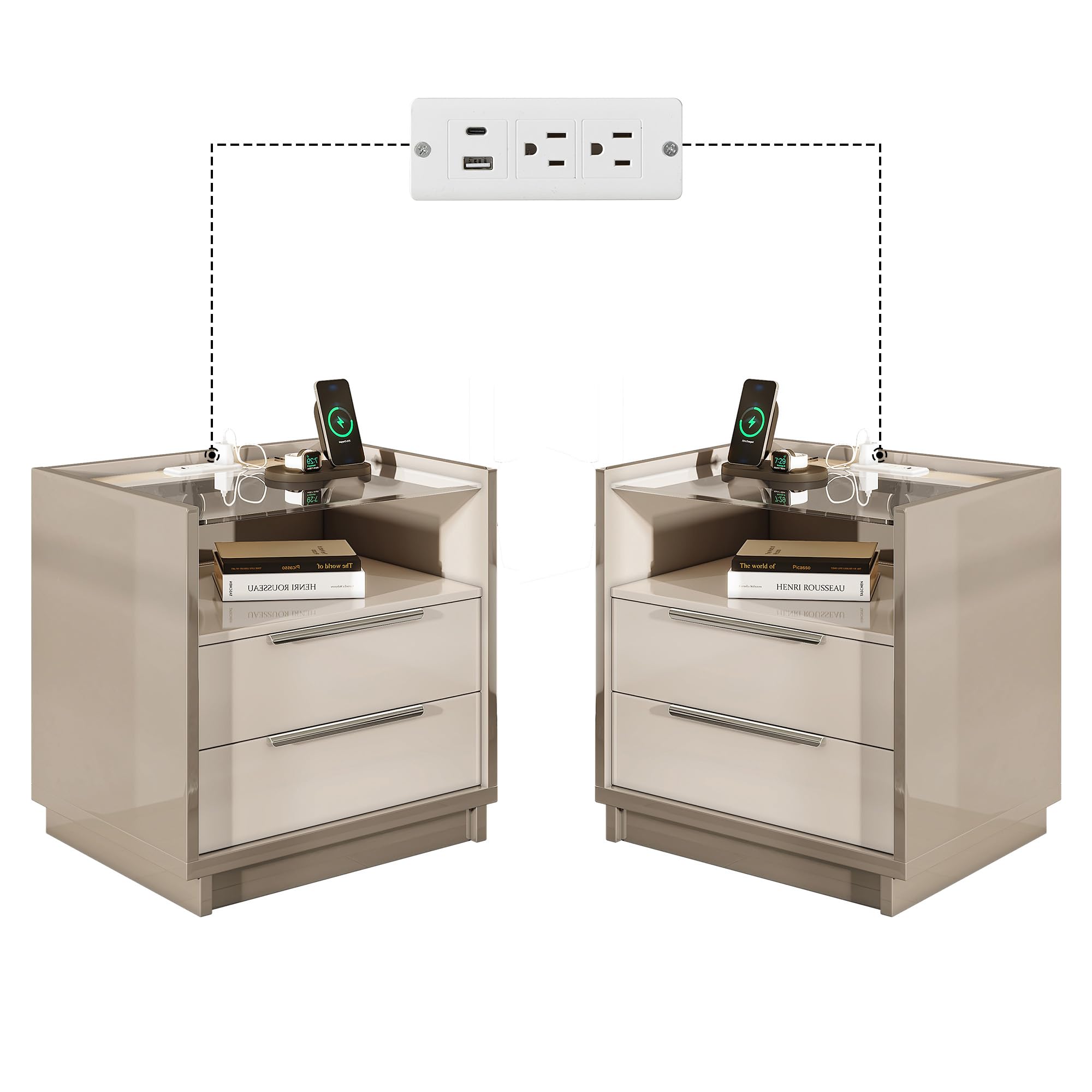 Nightstand Set of 2, 23.6" High Gloss End Table with Glass Tabletop
