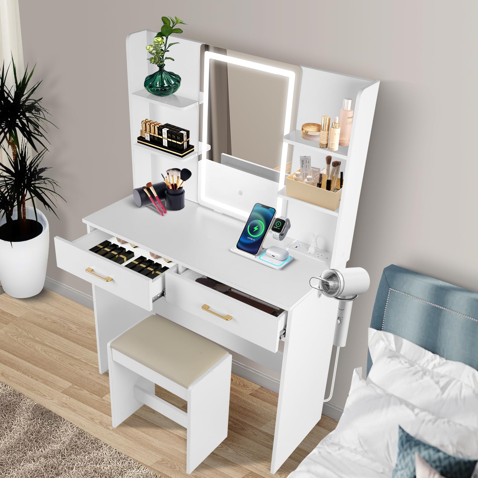 Vanity Set with Mirror and Stool and Lights, Vanity Desk with Mirror & Power Outlet
