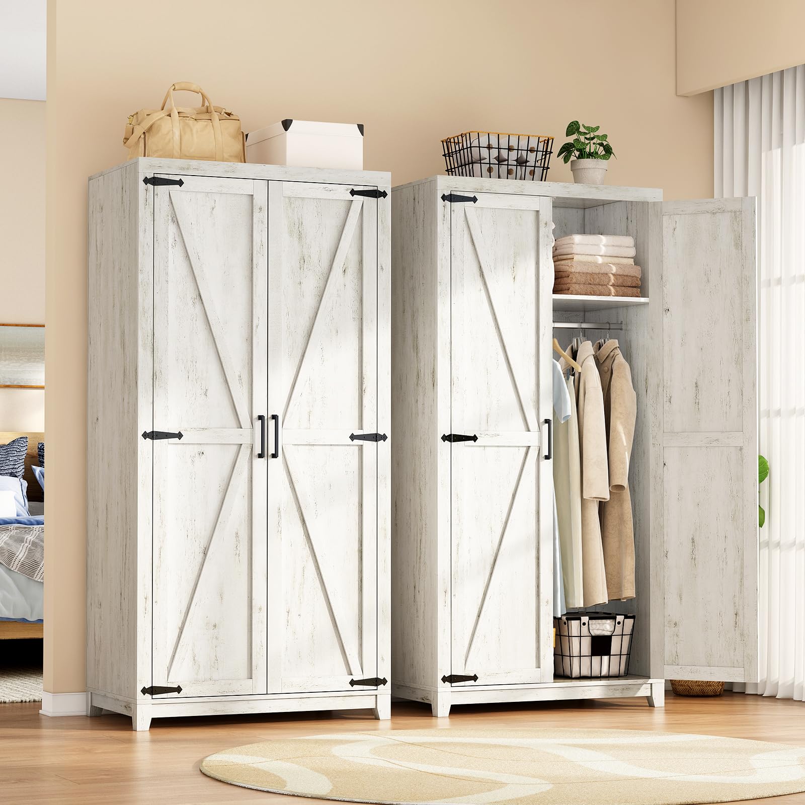 70" Large Armoire Wardrobe Closet Set of 2 with Hanging Rod